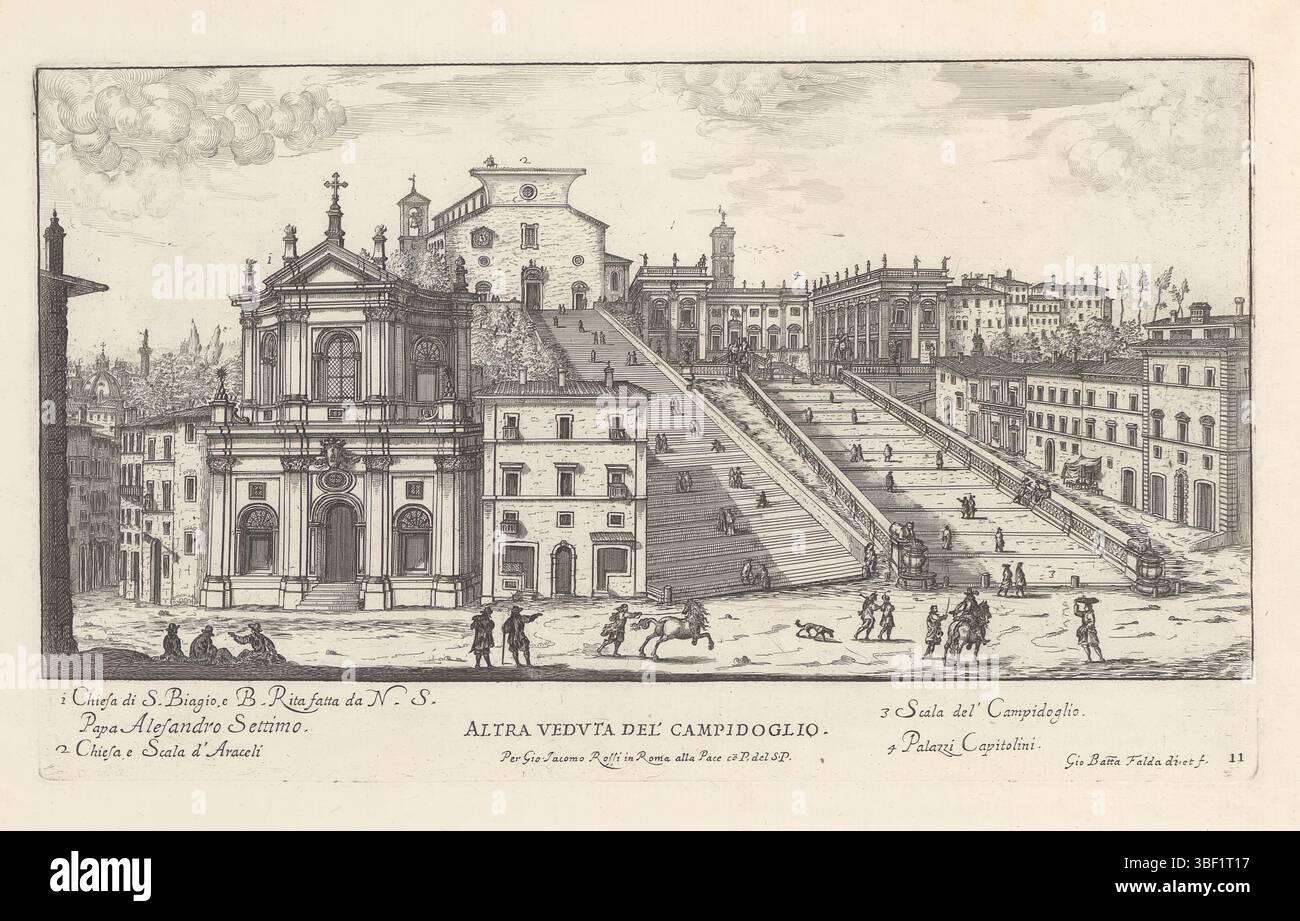 Città del Vaticano, Alessandro VII, Roma, Rossi, Giovanni Giacomo de', Italia, Falda, Giovanni Battista, il nuovo teatro di Roma moderna, il nuovo teatro delle fabriche, et educii, in prospettiva di Rome Modern (libro primo), edifici moderni a Roma, altra veduta del Campidoglio, Campidoglio, Santa Maria in Aracouli e Chiesa di Santa Rita da Cascia in Campitelli a Roma, veduta del Campidoglio con Santa Maria in Aracouli a sinistra e a Santa Rita da Cascia. Quest'ultima chiesa in realtà a una certa distanza dal Campidoglio. Titolo e elenco esplicativo di nu Foto Stock