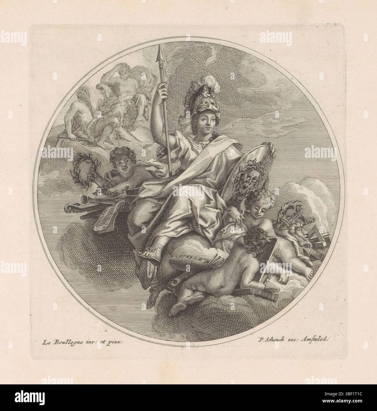 Staten van Holland en West-Friesland, Amsterdam, Schenk, Pieter (i), Boullonge, Louis de (le jeune), Baudet, Etienne, Sluyter, Pieter, le Cabinet des Beaux Arts, De Schatkamer der Vrye Konsten, Minerva, Plafondstuk con la dea Minerva, in trono sulle nuvole con casco, lancia e scudo. Intorno al suo putti con attributi delle arti e delle scienze. Sullo sfondo il dio Giove, che gli afferra la testa. Minerva è nato dalla sua testa. La stampa fa parte di un album. Stampa, foglio di albumina, stampe, altezza 161 mm, larghezza 151 mm, Noord-Nederlands, 1675 - 1733, stampatore, 1693 - 1693, carta, incisione, eng Foto Stock