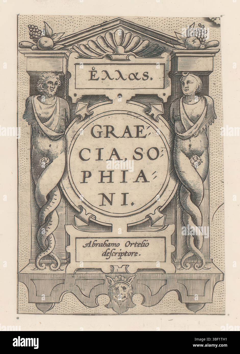 Anversa, Ortelius, Abraham, Groeningen, Gerard van, Doestechum, Johannes o Lucas van, Theatrum Orbis Terrarum, Hellas (in greco). Graecia, Sophiani, Cartouche di una mappa della Grecia, Cartouche architettonico con carariatidi, Anversa, Cartouche in tre parti, fiancheggiato da due carariatidi con gambe intrecciate come pilastri. All'interno della timpane un motivo shell. Il cartiglio è un frammento di una mappa della Grecia. La stampa fa parte di un album., stampa, stampa ornamento, foglio di albumina, stampe, altezza 120 mm, larghezza 84 mm, macchina di stampa, 1579 - 1580, carta, incisione, incisione (processo di stampa), incollaggio, concetti di lavoro Foto Stock