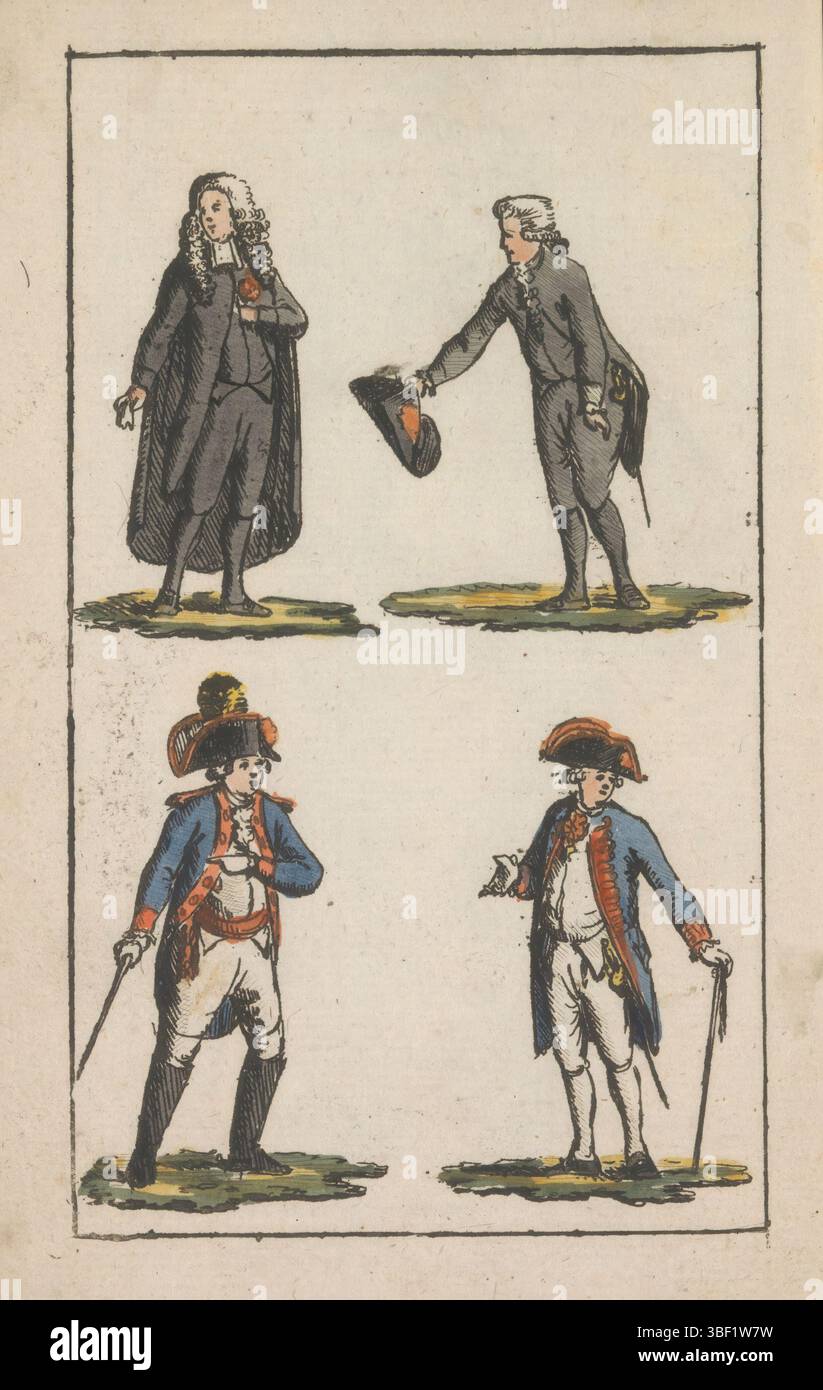 Paesi Bassi settentrionali, sindaco del direttore di Amsterdam, generale e ammiraglio, 1792, Paesi Bassi settentrionali, abbigliamento intorno al 1791-1792. Al piano superiore: Sindaco e membro del consiglio comunale di Amsterdam. Sotto: Un generale e un ammiraglio in uniforme. Illustrazione in un opuscolo sulla moda e la gravidanza del kokarde arancione., stampa, illustrazione del libro, stampa del costume, libri, piastre di cronologia Frederik Muller, altezza 162 mm, larghezza 105 mm, stampatrice, 1792 - 1792, carta, incisione, colori delle mani Foto Stock