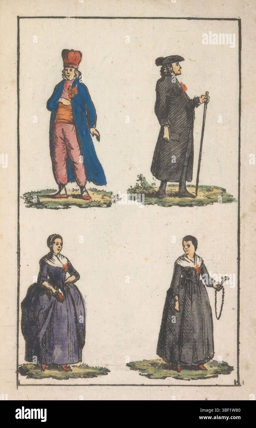 Paesi Bassi settentrionali, mercante persiano e pastore romano, Menniste e sorella romana, 1792, Paesi Bassi settentrionali, abbigliamento intorno al 1791-1792. Sopra: Esempio della giusta gravidanza per uno straniero ad Amsterdam, qui un mercante persiano e un prete romano. Under: Una sorella mennista o battista e una sorella romana. Illustrazione in un opuscolo sulla moda e la gravidanza del kokarde arancione., stampa, illustrazione del libro, stampa del costume, libri, piastre di cronologia Frederik Muller, altezza 162 mm, larghezza 105 mm, stampatrice, 1792 - 1792, carta, incisione, colori delle mani Foto Stock