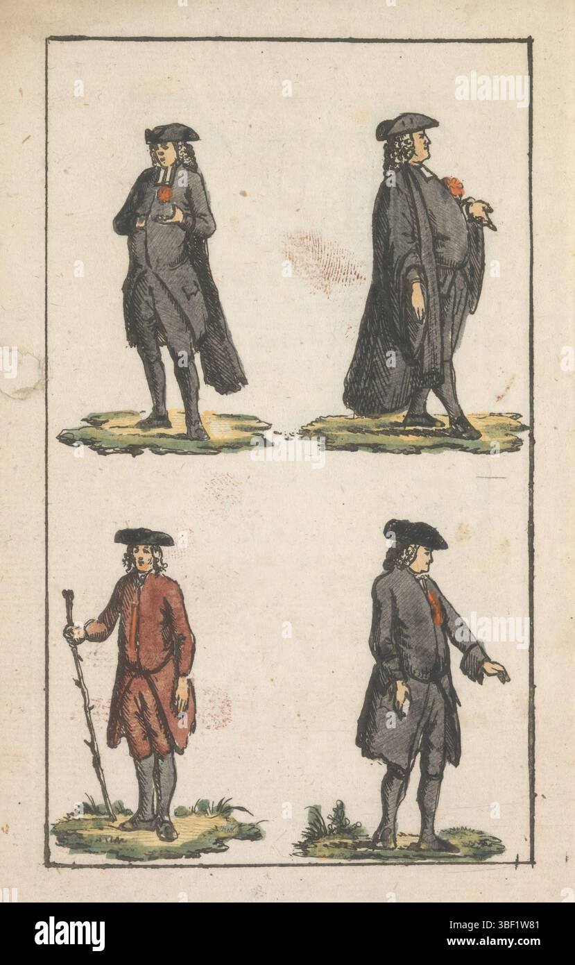 Paesi Bassi settentrionali, predicatore e professore, Hernhutter e Half Reverend, 1792, Paesi Bassi settentrionali, abbigliamento intorno al 1791-1792. Al piano superiore: Abbigliamento da un ministro riformato e abito da professore di legge. Qui sotto: Un fratello Hernhut e un "mezzo reverendo". Illustrazione in un opuscolo sulla moda e la gravidanza del kokarde arancione., stampa, illustrazione del libro, stampa del costume, libri, piastre di cronologia Frederik Muller, altezza 162 mm, larghezza 105 mm, stampatrice, 1792 - 1792, carta, incisione, colori delle mani Foto Stock