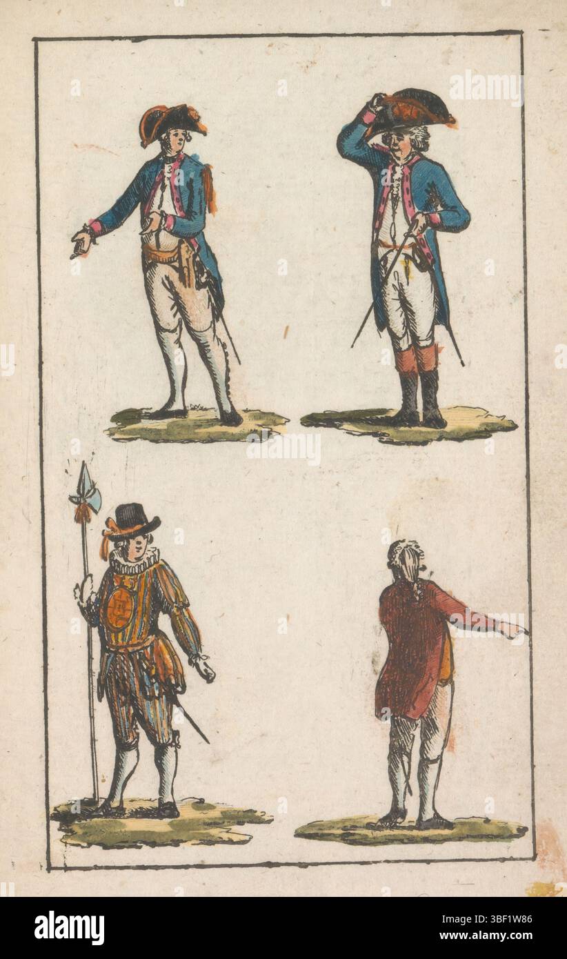 Paesi Bassi settentrionali, capitano in mare e via terra, Hellebaardier en page, 1792, Paesi Bassi settentrionali, abbigliamento intorno al 1791-1792. Sopra: Uniformi di un capitano nella Marina e di un capitano nell'Esercito. In basso: Uniforme di un portatore di inferno e pagina al tribunale dello stadholder. Illustrazione in un opuscolo sulla moda e la gravidanza del kokarde arancione., stampa, illustrazione del libro, stampa del costume, libri, piastre di cronologia Frederik Muller, altezza 162 mm, larghezza 105 mm, stampatrice, 1792 - 1792, carta, incisione, colori delle mani Foto Stock