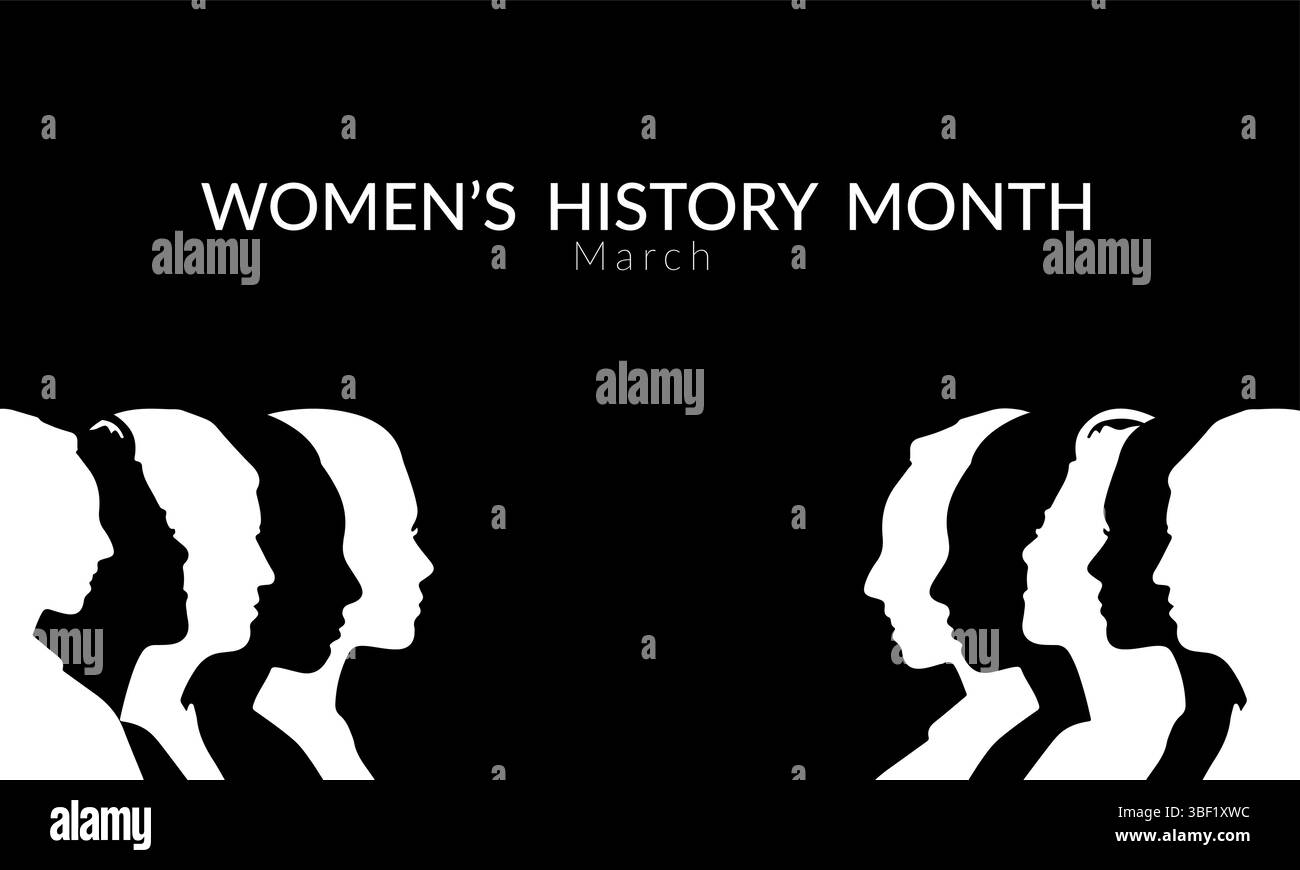 I volti femminili sagomati in bianco e nero sono un'illustrazione che celebra il mese della storia femminile e l'empowerment. Illustrazione Vettoriale