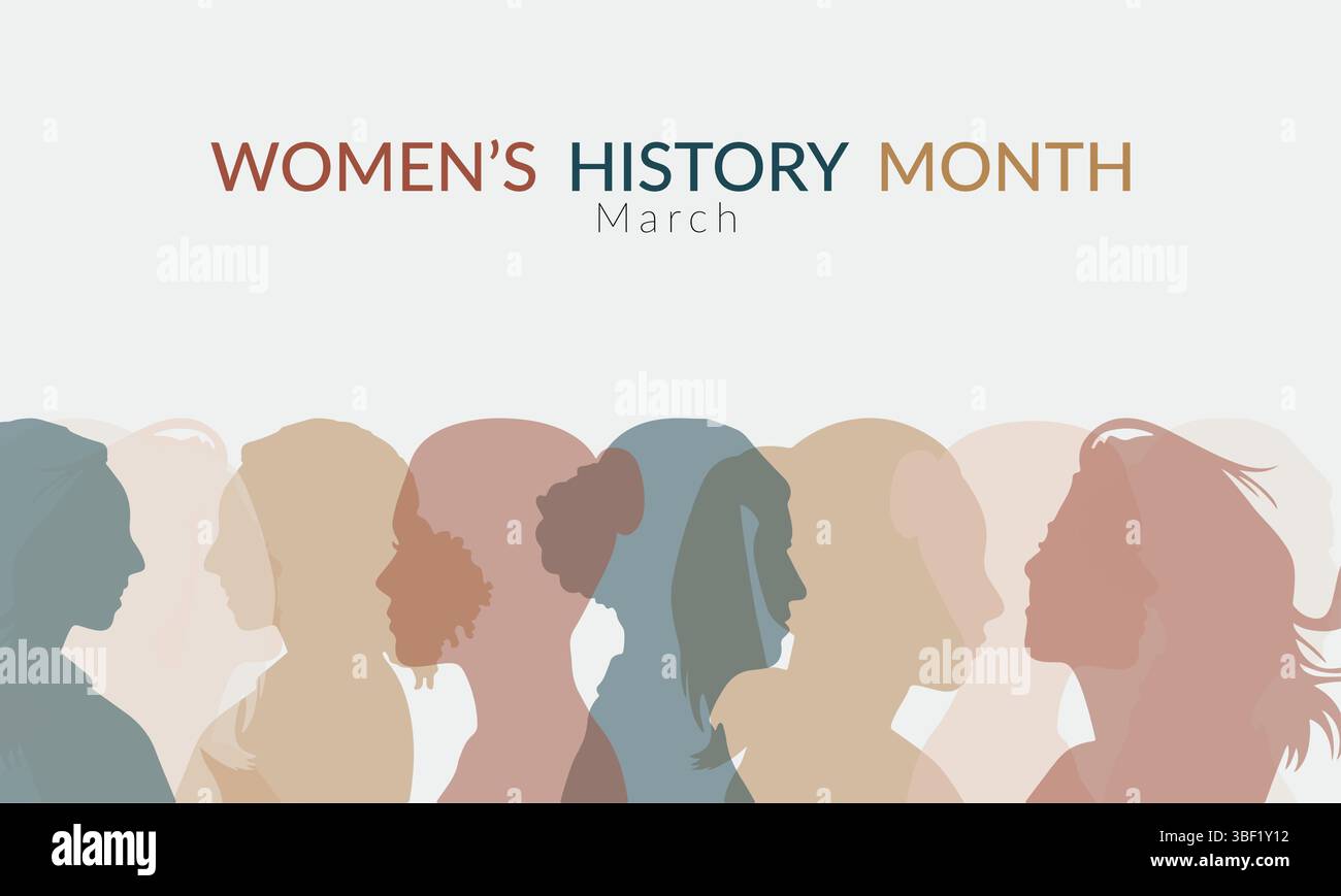 Le silhouette di diverse teste femminili si allineano in fila, con colori pastello tenui, creando un'atmosfera minimalista e inclusiva adatta. Illustrazione Vettoriale