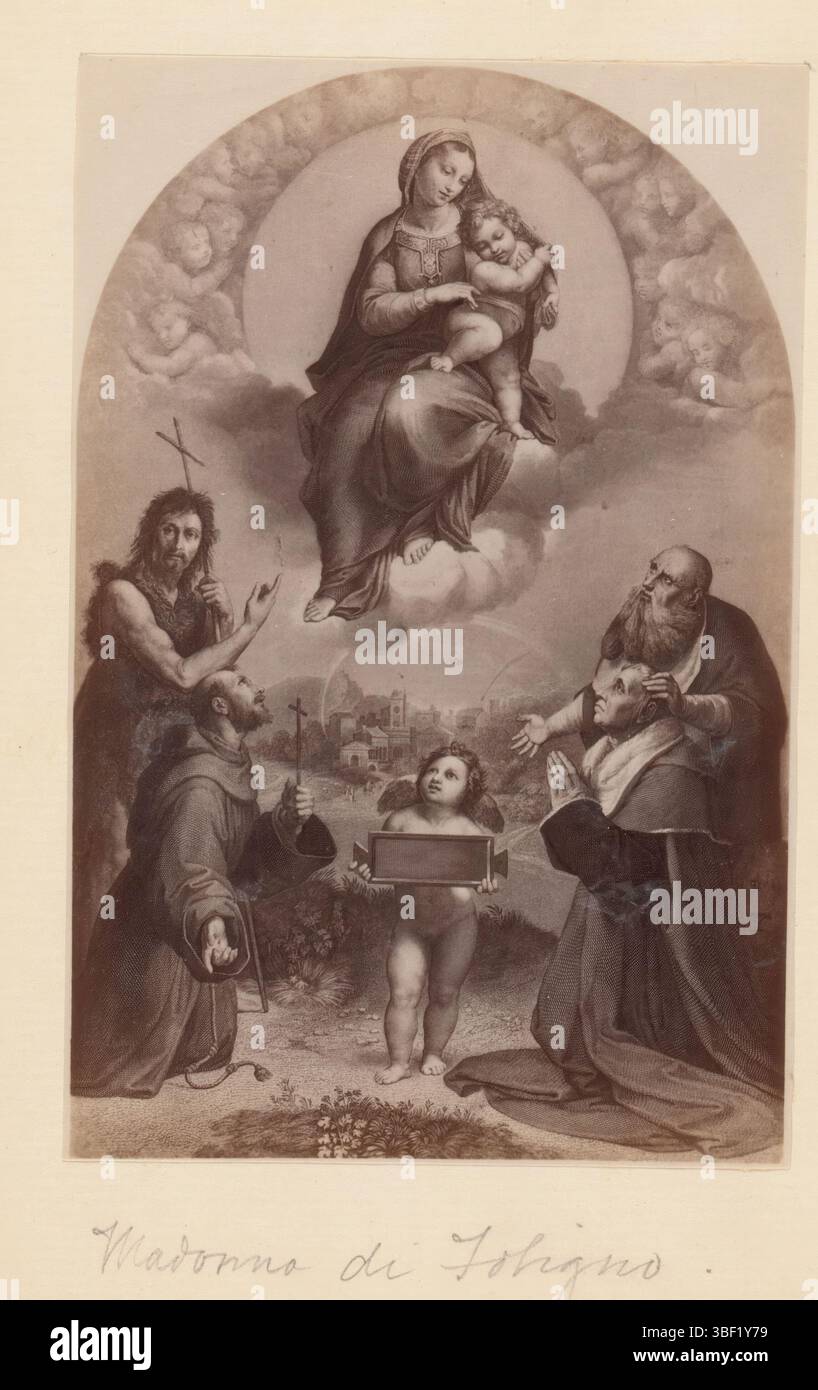 Raffaello, Fotoreproduzione di una stampa al dipinto Madonna di Foligno, recto - scritto a mano, fotografia, fotografia, riproduzione, pagina, foto, libri fotografici illustrati, Madonna di Foligno, altezza 128 mm, larghezza 83 mm, fotografo, 1882 - 1887, carta fotografica, carta fotografica, stampa album, stampa albumina, concetto di lavoro, da stampare dal, 1483-04-07 - 1520-04-07 Foto Stock