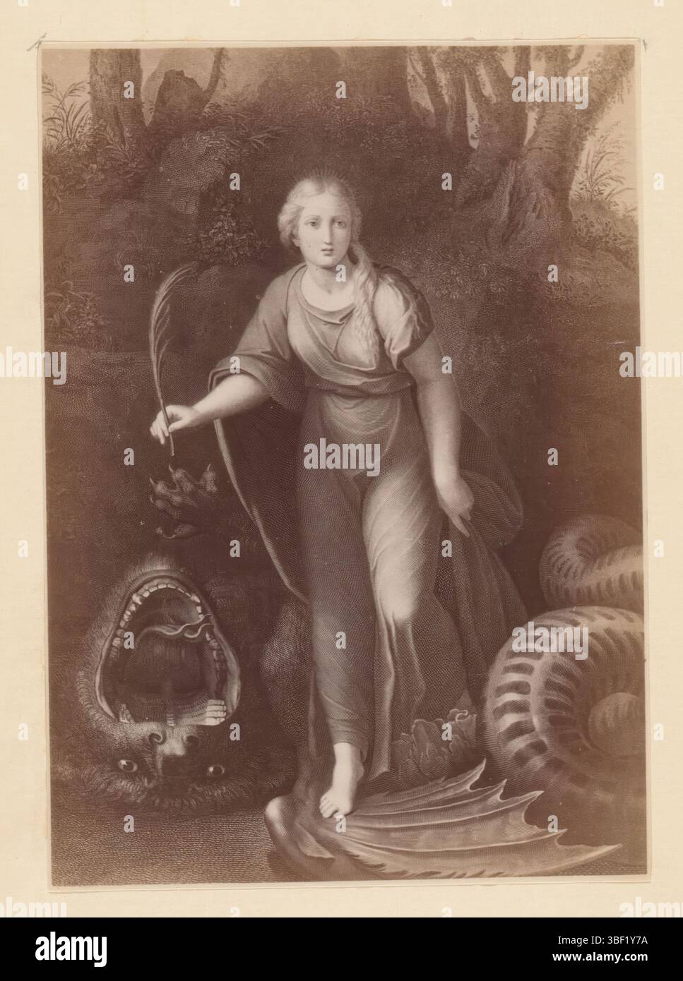 Raffaello, fotoreproduzione da una stampa a un dipinto, raffigurante Santa Margherita d'Antiochia e il drago, fotografia, fotografia, riproduzione, pagina, foto, libri fotografici illustrati, altezza 131 mm, larghezza 93 mm, fotografo, 1882 - 1887, carta fotografica, carta fotografica, stampa di album, stampa di albumina, concetto di lavoro, da stampare dal, 1483-04-07 - 1520-04-07 Foto Stock