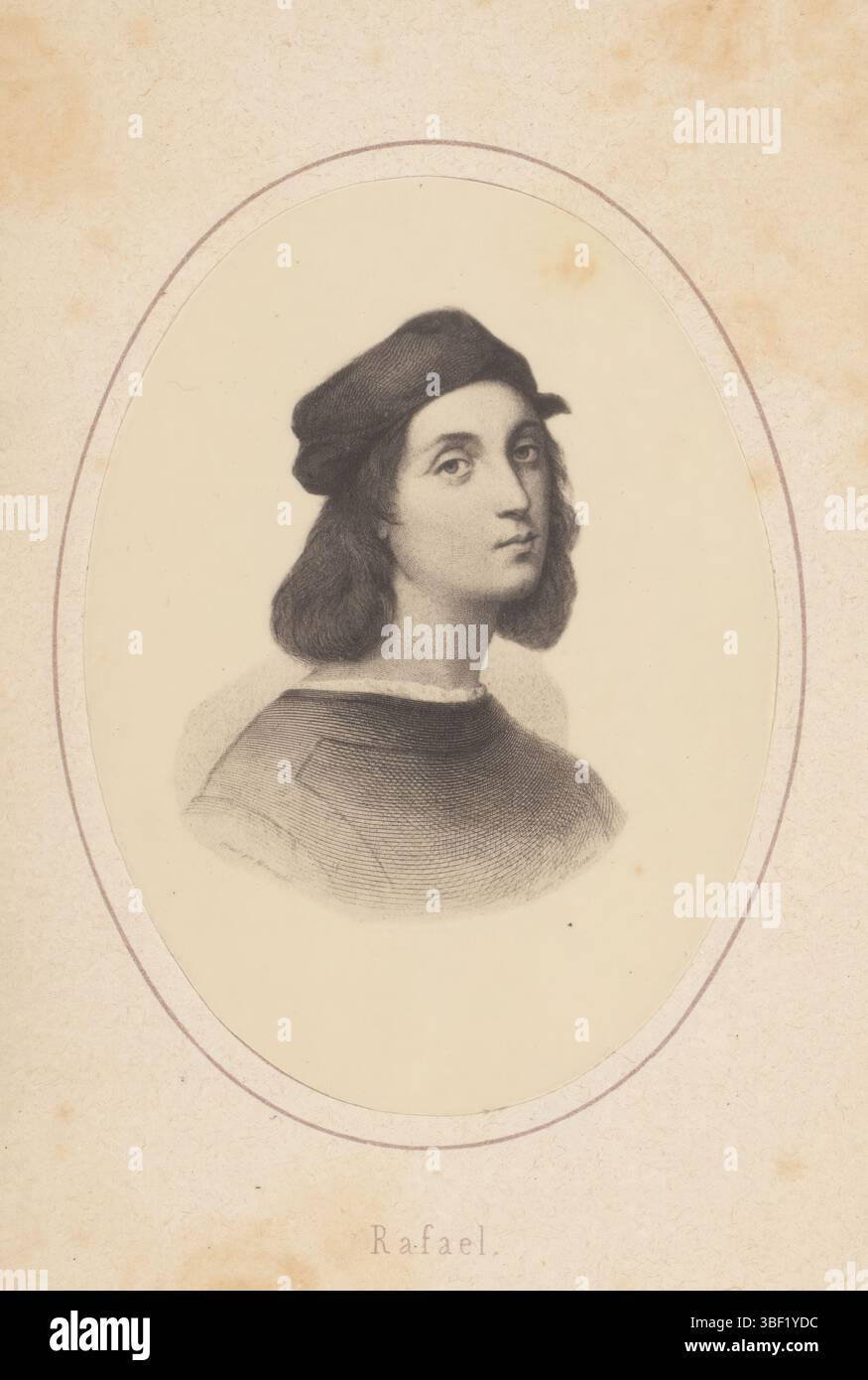 Rafael, Fotoreproduzione di una stampa di un ritratto di Rafael, fotografia, fotografia, pagina, riproduzione, foto, libri fotografici illustrati, altezza 76 mm, larghezza 56 mm, fotografo, 1858 - 1863, carta fotografica, carta fotografica, stampa di album, stampa di albumina, concetto di lavoro Foto Stock