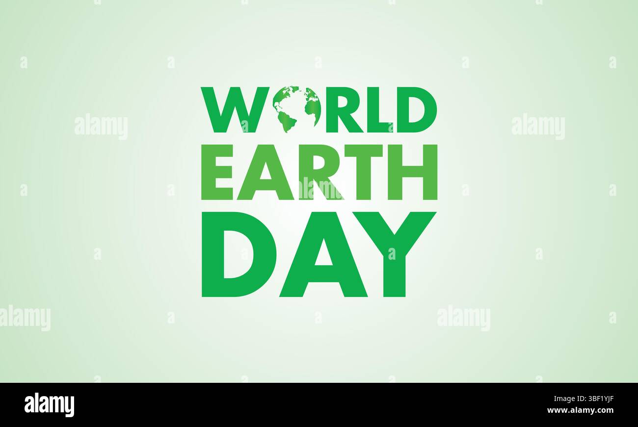 Testo verde che recita "giornata Mondiale della Terra" con il simbolo del globo su sfondo verde chiaro che crea un tema di consapevolezza ambientale Illustrazione Vettoriale