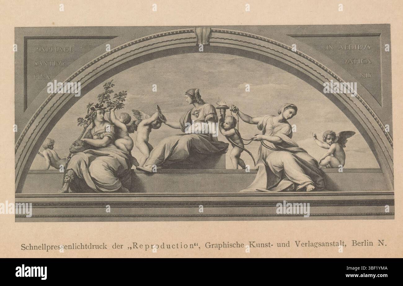 Raphael, Graphische Kunst und Verlagsanstalt Berlin, riproduzione di un disegno di virtù cardinali e teologiche di Raffaello, stampa recto-stampata, stampa fotomeccanica, riproduzione, pagina, foto, libri fotografici illustrati, Eder, Jahrbuch 1892., altezza 66 mm, larghezza 127 mm, fotografo, 1887 - 1892, carta, tipo collage, stampa leggera, creatore di chioschi, concetto di lavoro, 1483-04-07 - 1520-04-07 Foto Stock