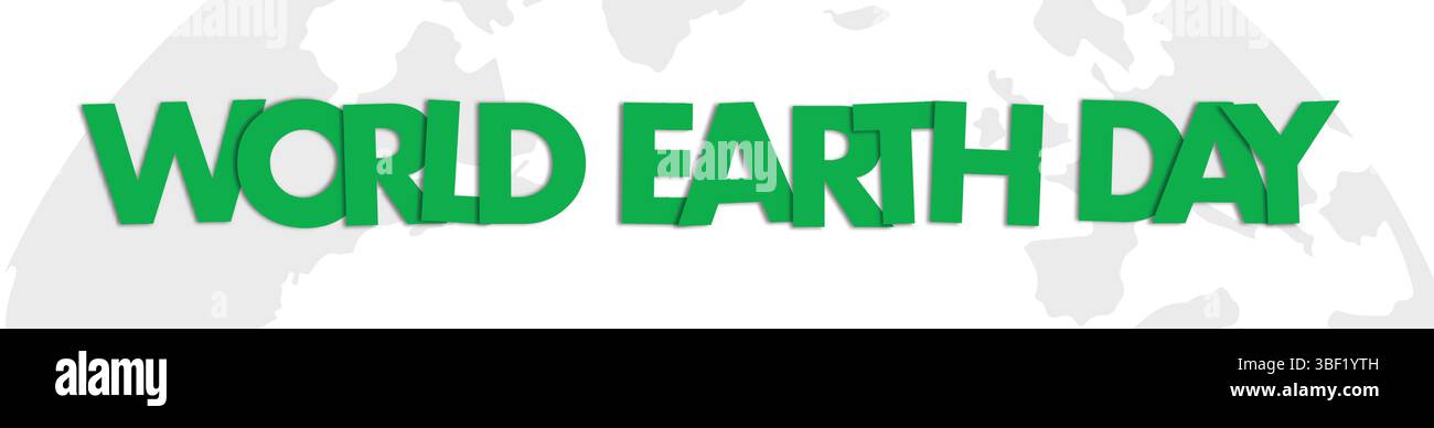 Il testo verde della "giornata mondiale della Terra" si distingue sullo sfondo di una mappa del mondo sbiadita, creando un'immagine di speranza e consapevolezza ambientale Illustrazione Vettoriale
