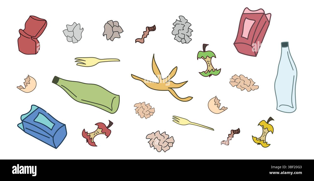 Illustrazione colorata di cestino e detriti isolata su sfondo bianco. Concetto di consapevolezza ambientale, inquinamento, riciclaggio, gestione dei rifiuti, litte Illustrazione Vettoriale