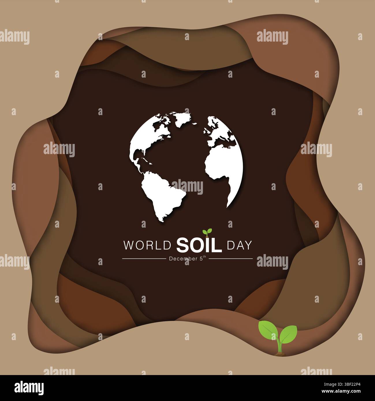 Il globo terrestre è centrato su uno sfondo di suolo marrone a strati, realizzato in uno stile cartaceo con forme organiche per campagne ambientali e sostegno Illustrazione Vettoriale