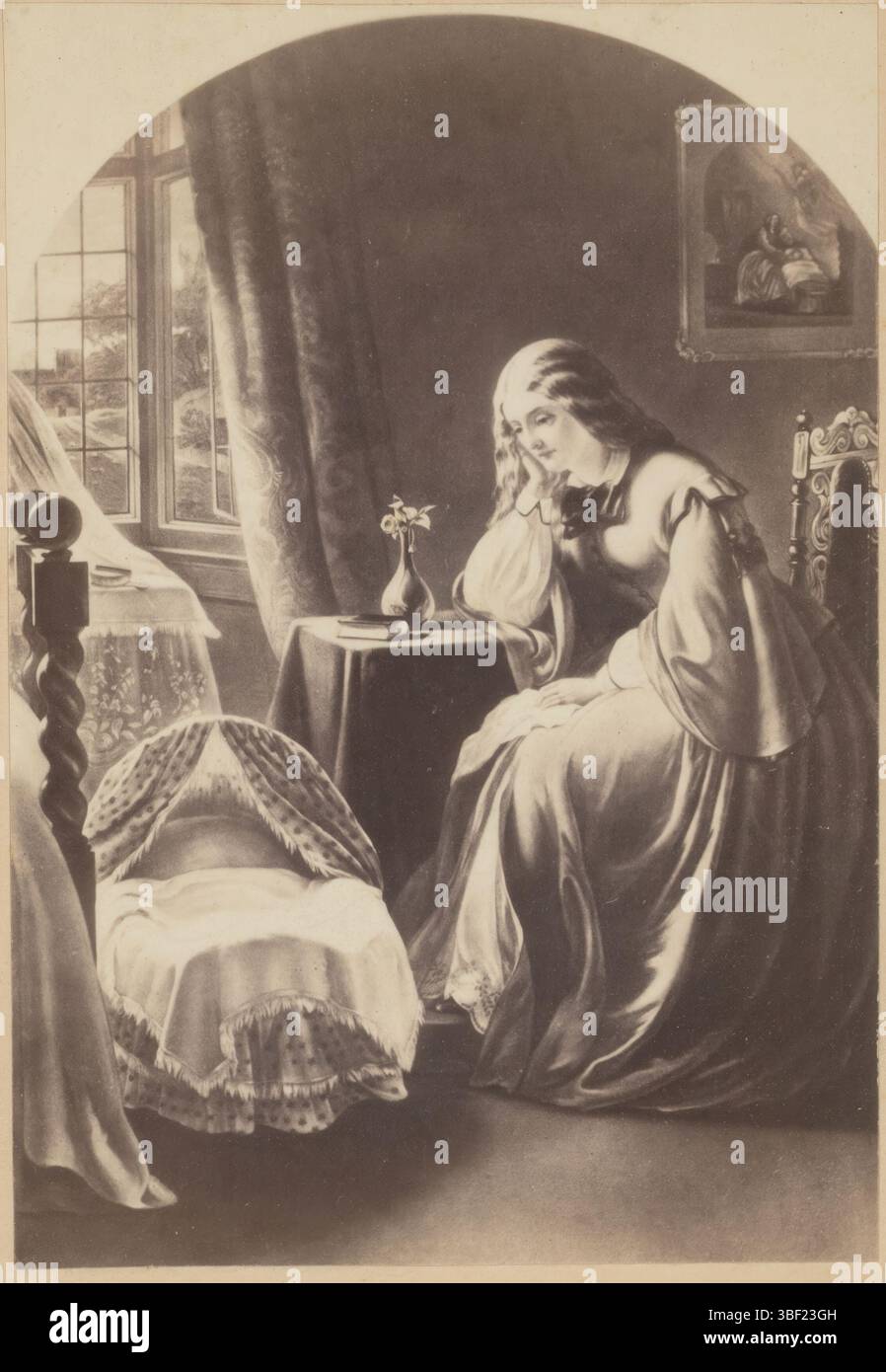 Fotoreproduzione di un dipinto, interno con donna a culla, questa foto fa parte di un album., fotografia, foto, carte-de-visite, riproduzione, foto, altezza 108 mm, larghezza 69 mm, fotografo, 1860 - 1900, carta fotografica, carta fotografica, cartone, stampa album, stampa albumina Foto Stock
