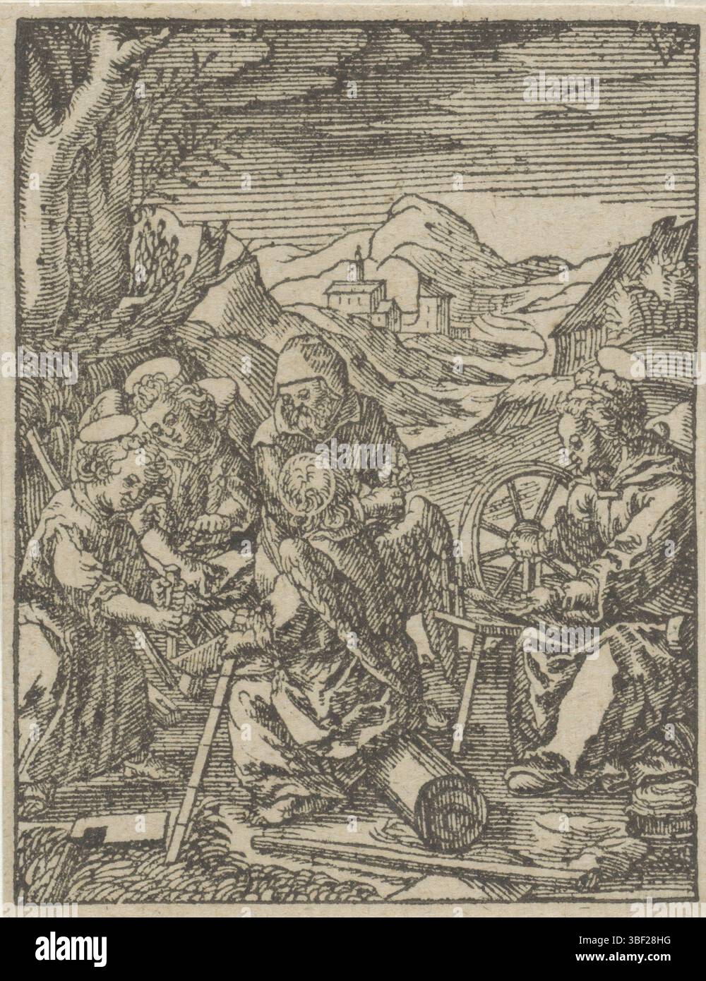Wierix, Hieronymus, Amsterdam, Shechem, Christoffel van (II), de kindsheyd onzes lorden Iesu Christi, Gioventù di Cristo, Christkind sega un tronco d'albero, verso sinistra sotto - timbrato, Het Christkind, aiutato da due angeli, sega pezzi un tronco d'albero. Suo padre Joseph sta guardando. Maria sta girando., stampa, altezza 85 mm, larghezza 66 mm, olandese settentrionale, 1581 - 1658-07-02, stampatore, 1617 - 1658, carta, legno, Work Conception, olandese meridionale, 1553 - 1619-11-01 Foto Stock