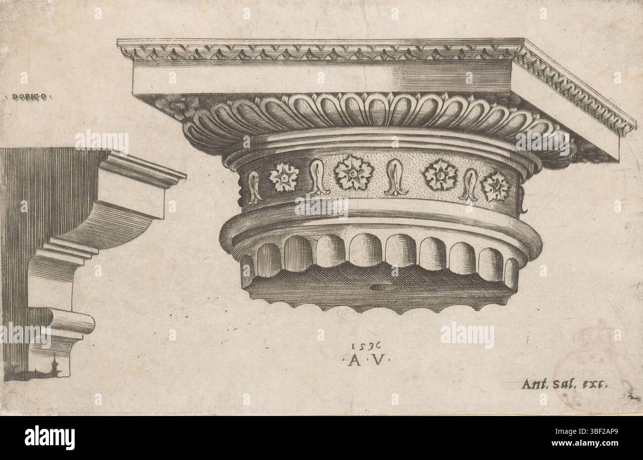 Roma, Salamanca, Antonio, Italia, Veneziano, Agostino, frammenti di edifici antichi, Dorico, capitale dorica, Roma, timbro verso, numerato: 2., stampa, stampe ornamentali, stampe, altezza 119 mm, larghezza 185 mm, italiano, 1490 - 1536, stampatore, 1536 - 1536, carta, incisione, incisione (processo di stampa), concezione del lavoro, secondo il proprio progetto, Publication (Event), Publication, 1478 - 1562, editore Foto Stock