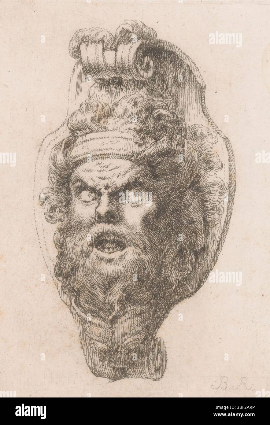 Schlüter, Andreas, Berlino, Red, Christian Bernhard, Mascaroni e caschi della Zeughaus di Berlino, Mascaron con testa maschile barbuta, verso fondo centrale - timbrato, Mascaron con testa maschile barbata leggermente a sinistra. L'uomo ha la bocca aperta e indossa un cerchietto., stampa, stampe ornamentali, stampe, verso medio sotto - timbrato, altezza 159 mm, larghezza 116 mm, tedesco, 1725 - 1797-06-24, macchina di stampa, 1735 - 1797, carta, incisione, 1660 - 1714, disegnatore intermedio Foto Stock