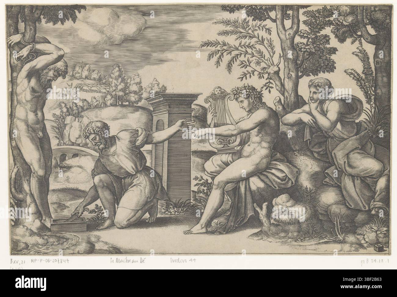 Italia, Raffaello, Italia, Maestro dei dadi, Apollo e Marsias, verso - timbrato, il sater Marsyas è legato ad un albero e sta per essere scuoiato. A destra c'è Apollo con il suo argano e una donna che guarda. Sullo sfondo un paesaggio., stampa, altezza 188 mm, larghezza 286 mm, italiano, tedesco, stampatore, 1530 - 1560, carta, incisione, incisione (processo di stampa), ideazione del lavoro, 1483-04-07 - 1520-04-07 Foto Stock