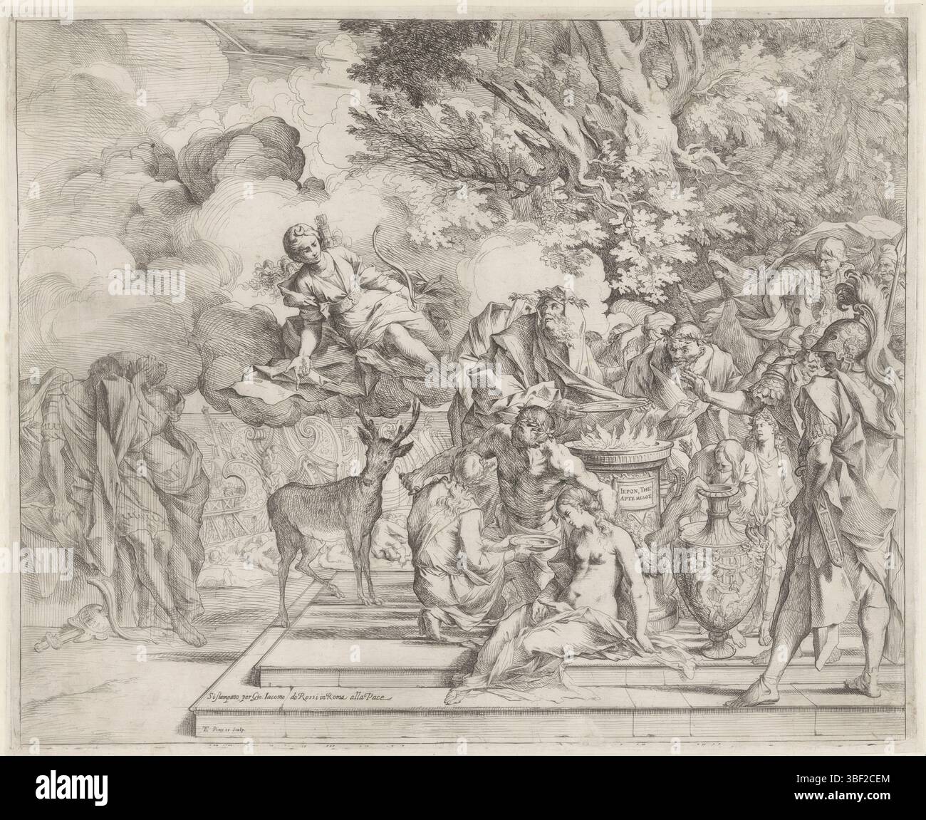 Roma, Rossi, Giovanni Giacomo de', Italia, testa, Pietro, sacrificio di Ifigenia, Roma, verso-timbrato, in primo piano Ifigenia che sta per essere sacrificata. Lasciò Diana e il cervo con cui sostituì Iphigenia all'ultimo momento. Sulla destra Achille e un gruppo di spettatori terrorizzati. Maglie Agamemnon e Clytemnestra., stampa, altezza 383 mm, larghezza 470 mm, italiano, 1612 - 1650, stampatore, 1640 - 1640, carta, incisione, Work Conception, secondo il proprio design, Publication (Event), Publication, 1627 - 1691, editore Foto Stock