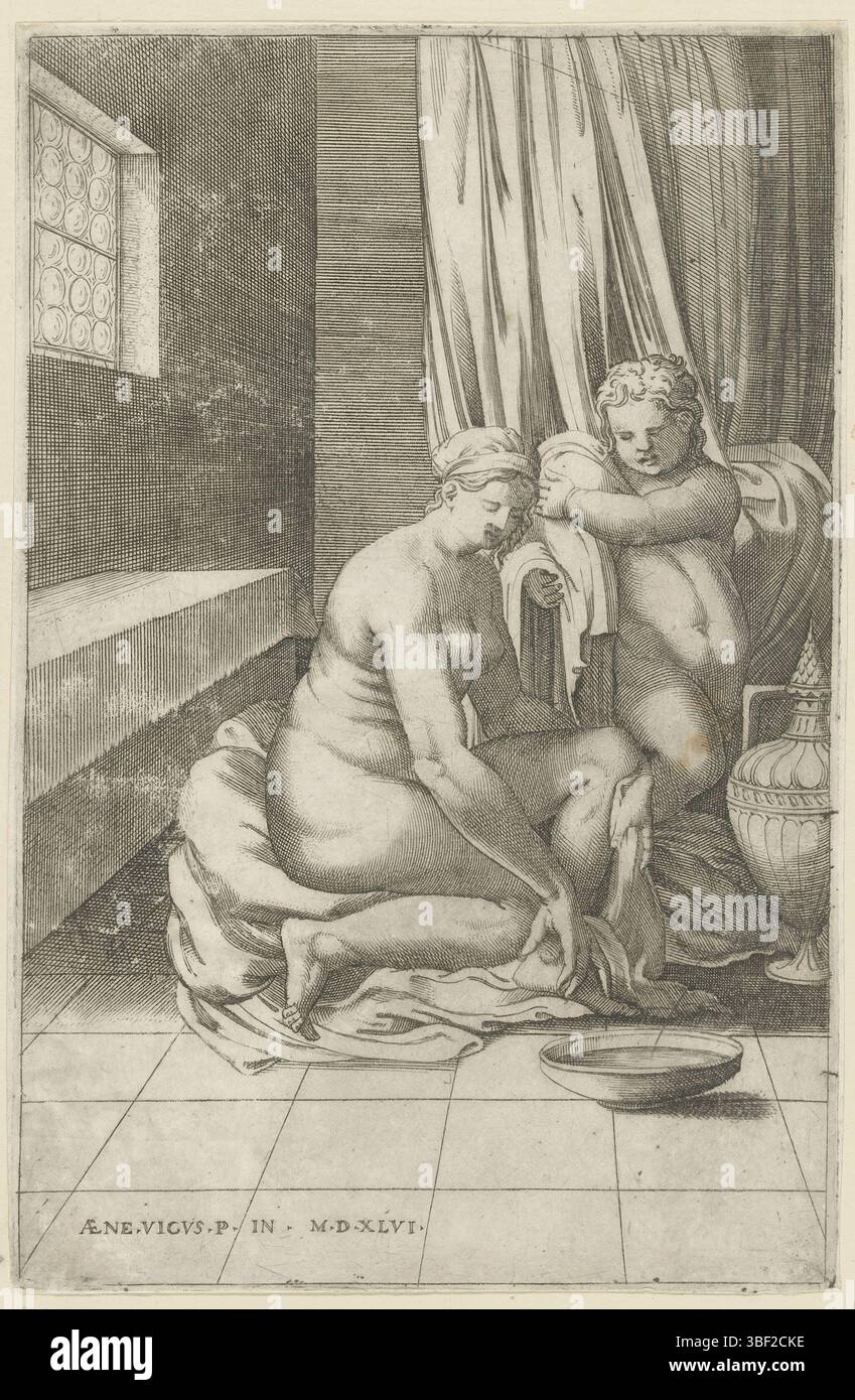 Italia, Raffaello, Italia, Vico, Enea, WC di Venere, timbrato verso, Venere si asciuga dopo un bagno. Amor., stampa, altezza 183 mm, larghezza 121 mm, italiano, 1523 - 1567, stampatore, 1546 - 1546, carta, incisione, incisione (processo di stampa), tono foglio, concezione lavoro, 1483-04-07 - 1520-04-07 Foto Stock