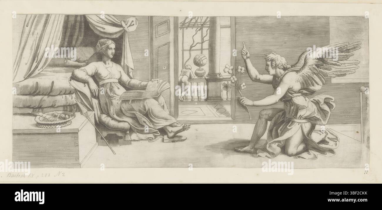 Italia, Raffaello, Italia, Vico, Enea, Annunciazione, tappezzeria verso - timbrata, a sinistra c'è Maria con un libro aperto. A destra l'angelo Gabriele si inginocchiò con un giglio in mano., stampa, altezza 149 mm, larghezza 342 mm, italiano, 1523 - 1567, stampatore, 1533 - 1567, carta, incisione, concetto di lavoro, 1483-04-07 - 1520-04-07 Foto Stock
