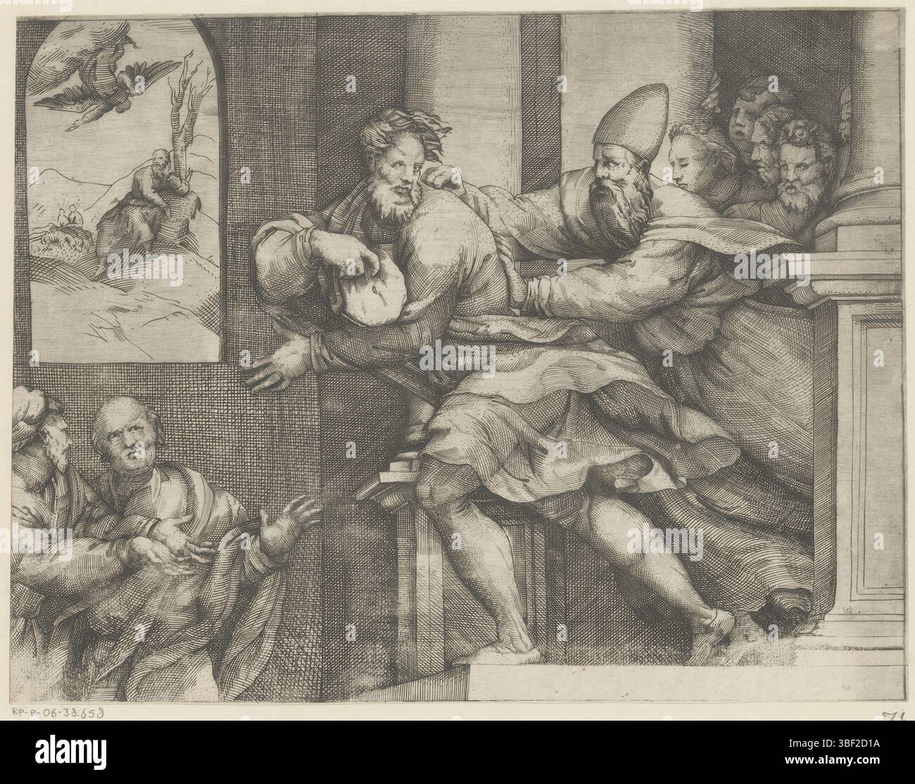 Italia, Pordenone, Italia, Gioacchino viene deportato il tempio, verso-timbrato, Gioacchino viene spinto fuori dal tempio dal sommo sacerdote perché non ha figli. Ho lasciato un'occhiata all'annuncio di Angel Gabriel della gravidanza di Anna., stampa, altezza 224 mm, larghezza 291 mm, stampatore, 1493 - 1493, carta, incisione, incisione (processo di stampa), tono piastra, italiano, 1484 - 1539-01-13, tiratore intermedio Foto Stock