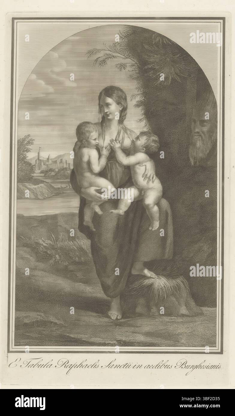Italia, Rafael, Italia, e Tabula Raphaelis Sanctii in aedibus Burghesianis, amore (Caritas), verso - timbrato, Una donna con due figli in allattamento, la personificazione dell'amore (Caritas). Titolo nel margine inferiore. Stampa, altezza 341 mm, larghezza 208 mm, stampatore, 1493 - 1570, carta, incisione, incisione (processo di stampa), incisione, 1483-04-07 - 1520-04-07 Foto Stock