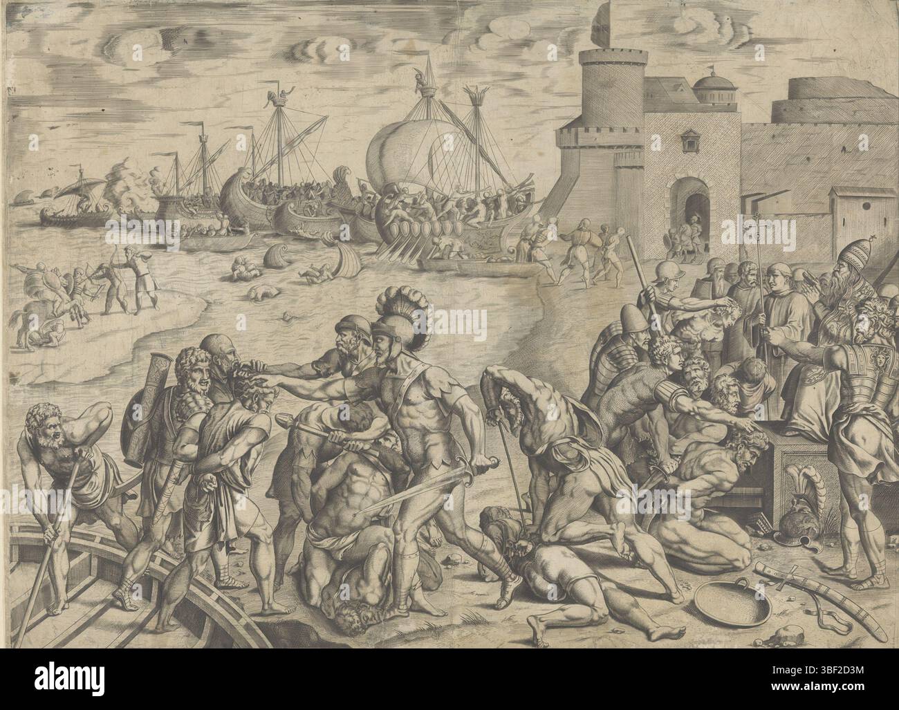 Italia, Raffaello, Italia, Saraceni arrivano a Ostia, verso - timbrato, la flotta dei Saraceni arriva nella città portuale di Ostia, dove i Saraceni vengono catturati dai cristiani. A destra i prigionieri sono portati a Papa Leone IV., stampa, altezza 378 mm, larghezza 520 mm, stampatore, 1514 - 1514, carta, incisione, incisione (processo di stampa), 1483-04-07 - 1520-04-07, dopo la verniciatura di Foto Stock