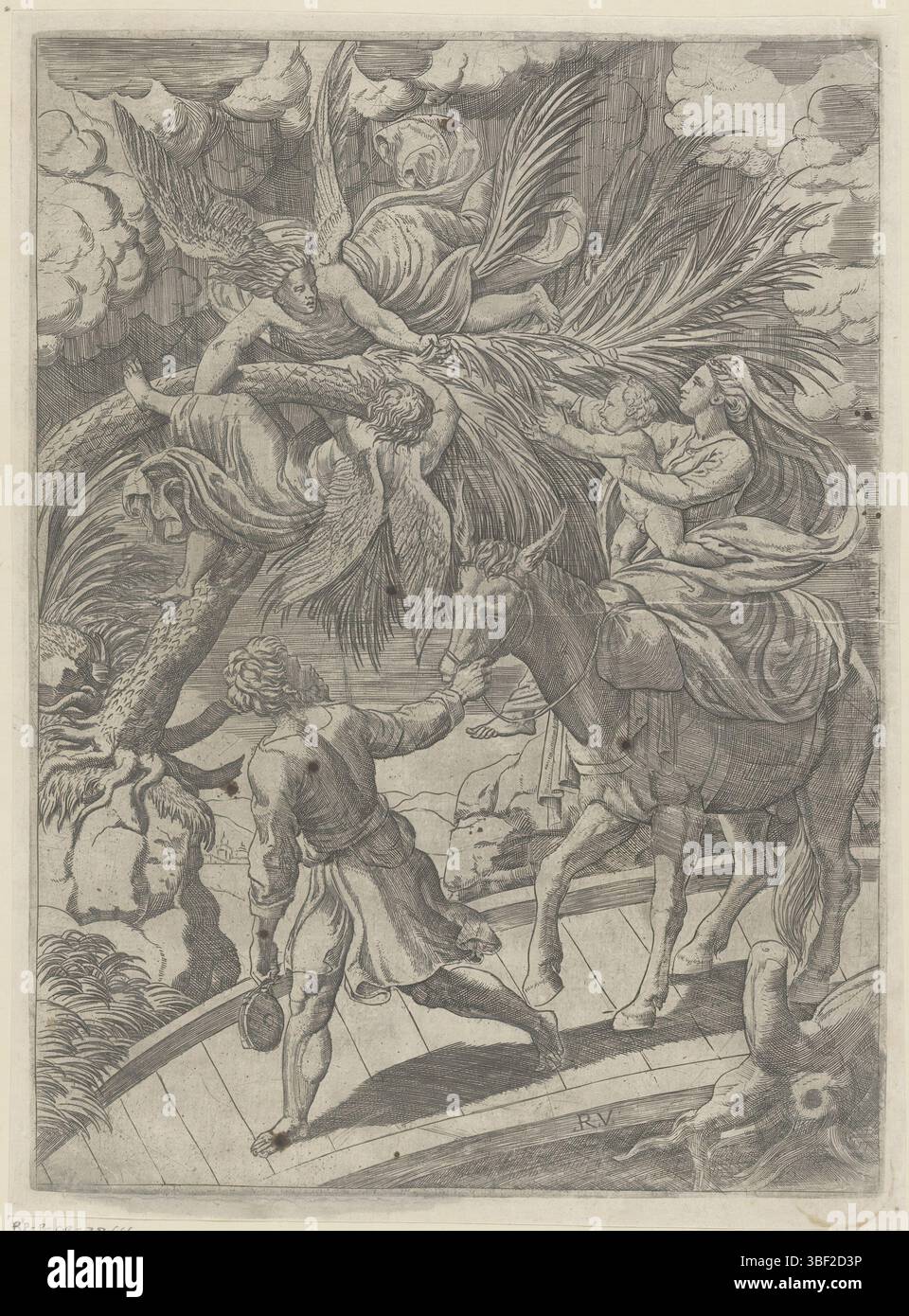 Italia, Raffaello, Italia, volo in Egitto, verso - timbro, Maria e il bambino Cristo siedono e un asino e Giuseppe corre per primo. Due angeli piegano un albero a Maria e al bambino in modo che possano raccogliere frutti., stampa, altezza 278 mm, larghezza 205 mm, stampatore, 1493 - 1570, carta, incisione, incisione (processo di stampa), tono piastra, 1483-04-07 - 1520-04-07 Foto Stock