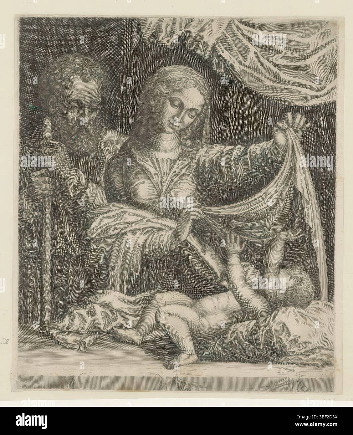 Italia, Raffaello, Italia, Madonna di Loreto, Sacra famiglia, verso - timbrato, il Cristo bambino è su un letto. Mary e Joseph sono in piedi accanto al letto. Maria cerca di coprire Cristo con un panno., stampa, altezza 267 mm, larghezza 229 mm, stampatore, 1493 - 1570, carta, incisione, incisione (processo di stampa), concezione del lavoro, 1483-04-07 - 1520-04-07 Foto Stock