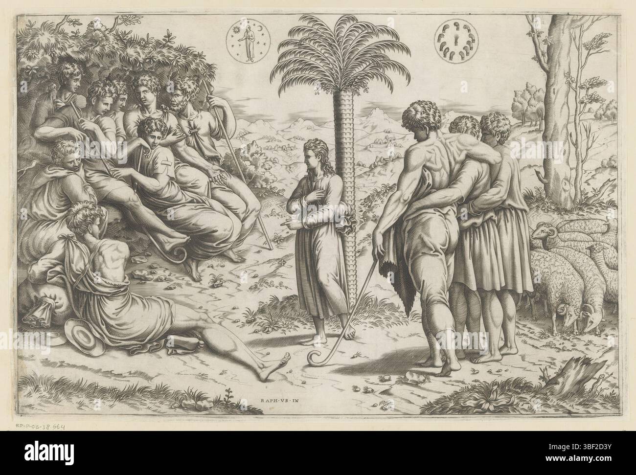 Italia, Raffaello, Italia, Giuseppe racconta ai suoi fratelli i suoi sogni, verso-timbrato, Giuseppe si trova in mezzo ad una palma. Sinistra e destra sono undici fratelli e uno orizzontale sullo sfondo., stampa, altezza 248 mm, larghezza 372 mm, stampatore, 1493 - 1570, carta, incisione, incisione (processo di stampa), 1483-04-07 - 1520-04-07, dopo la verniciatura di Foto Stock