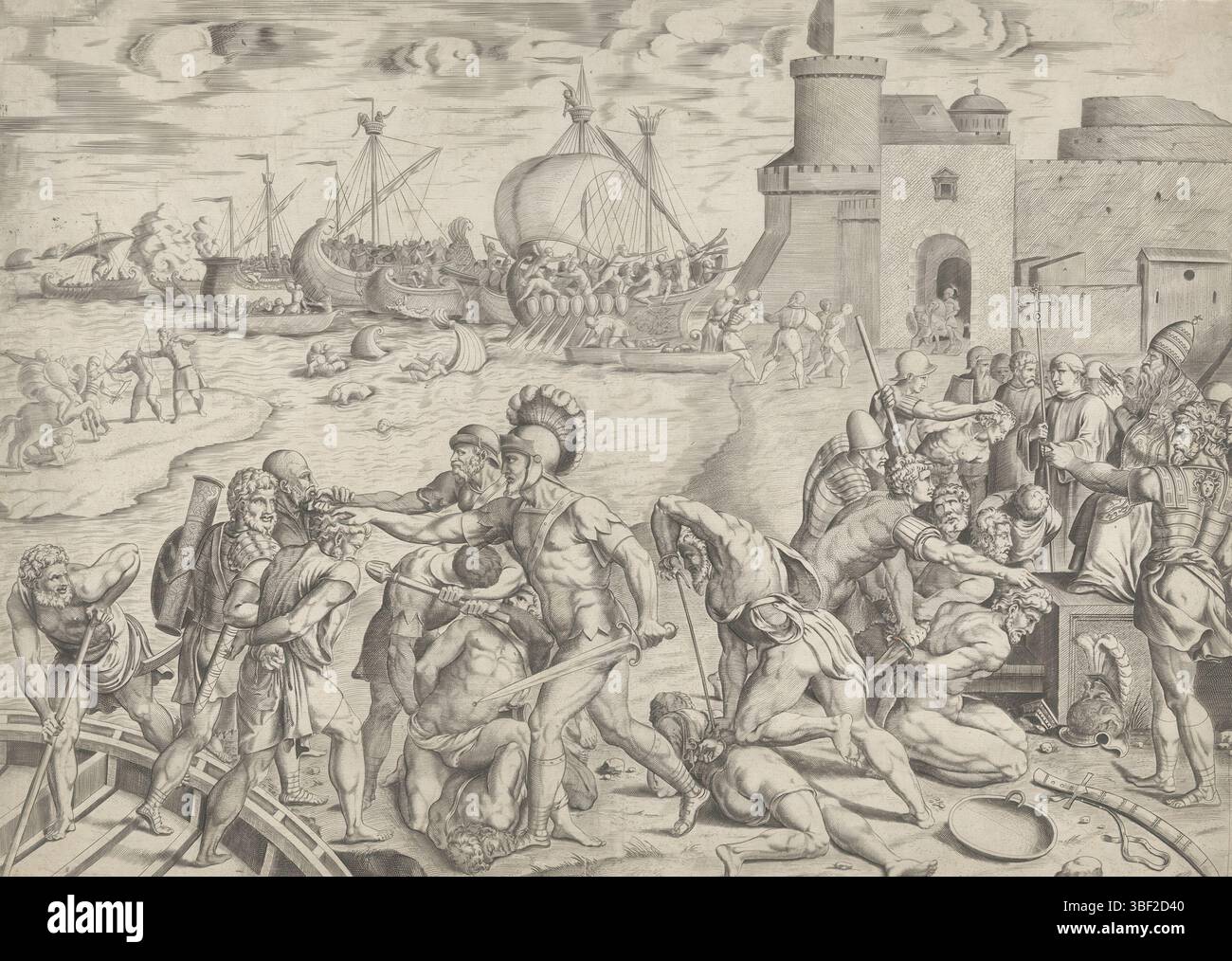 Italia, Raffaello, Italia, Saraceni arrivano a Ostia, verso - timbrato, la flotta dei Saraceni arriva nella città portuale di Ostia, dove i Saraceni vengono catturati dai cristiani. A destra i prigionieri sono portati davanti a Papa Leone IV., stampa, altezza 375 mm, larghezza 523 mm, stampatore, 1514 - 1514, carta, incisione, incisione (processo di stampa), 1483-04-07 - 1520-04-07, dopo la verniciatura di Foto Stock