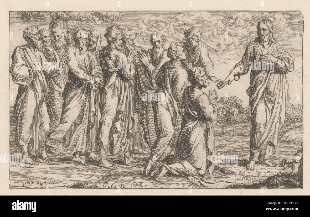 Corona francese, Raffaello, Francia, Audran, Gérard, Petrus riceve le chiavi, stampate verso, stampate, altezza 103 mm, larghezza 171 mm, 1640 - 1703-07-26, macchina per stampa, 1650 - 1703, carta, incisione, 1483-04-07 - 1520-04-07, dopo, per pittura, fornitore di privilegi Foto Stock
