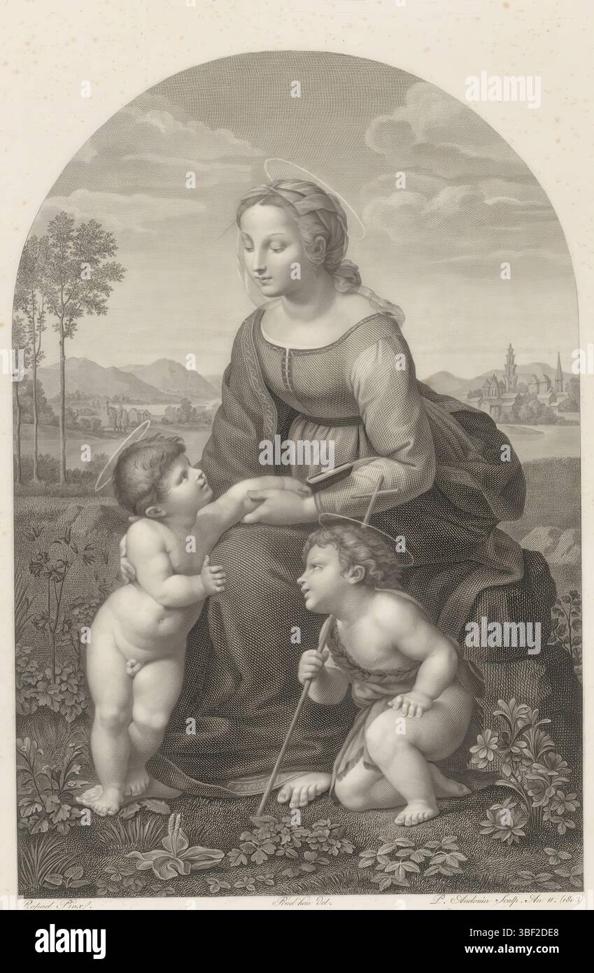 Raphaël, Francia, Prud'hon, Pierre, Audouin, Madonna met Kind en Johannes de Baper, stampato verso - stampato, altezza 415 mm, larghezza 298 mm, francese, 1768 - 1822, stampatore, 1803 - 1803, carta, incisione, incisione, incisione (processo di stampa), 1758-04-04 - 1823-0214, dragatore intermedio, per disegno, 1483-04-07 - 1520-04-07 Foto Stock