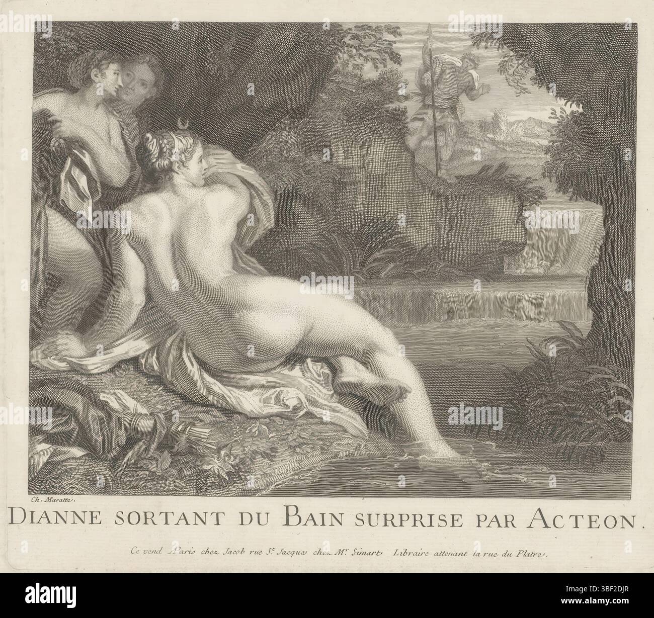 Parigi, Jacob (editore), Maratti, Carlo, Francia, Jacob, Louis, Dianne sortant du Bain Surprise par Acteon., Diana e Actaeon, Parigi, verso - timbrato, stampa, altezza 211 mm, larghezza 242 mm, 1712, macchina per stampa, 1722 - 1812, carta, incisione, incisione, incisione (processo di stampa), concezione del lavoro, italiano, 1625-05-15 - 1713-15, secondo il disegno, pubblicazione (evento), pubblicazione, editore Foto Stock
