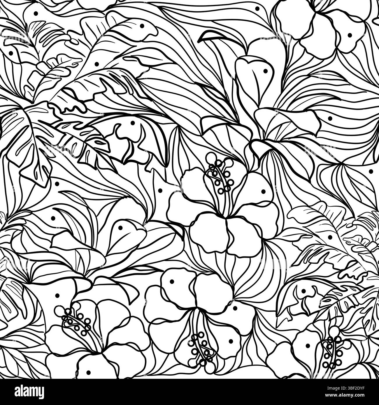 Fiori di ibisco in foglie tropicali illustrazione vettoriale con motivo a scarabocchio senza cuciture Illustrazione Vettoriale