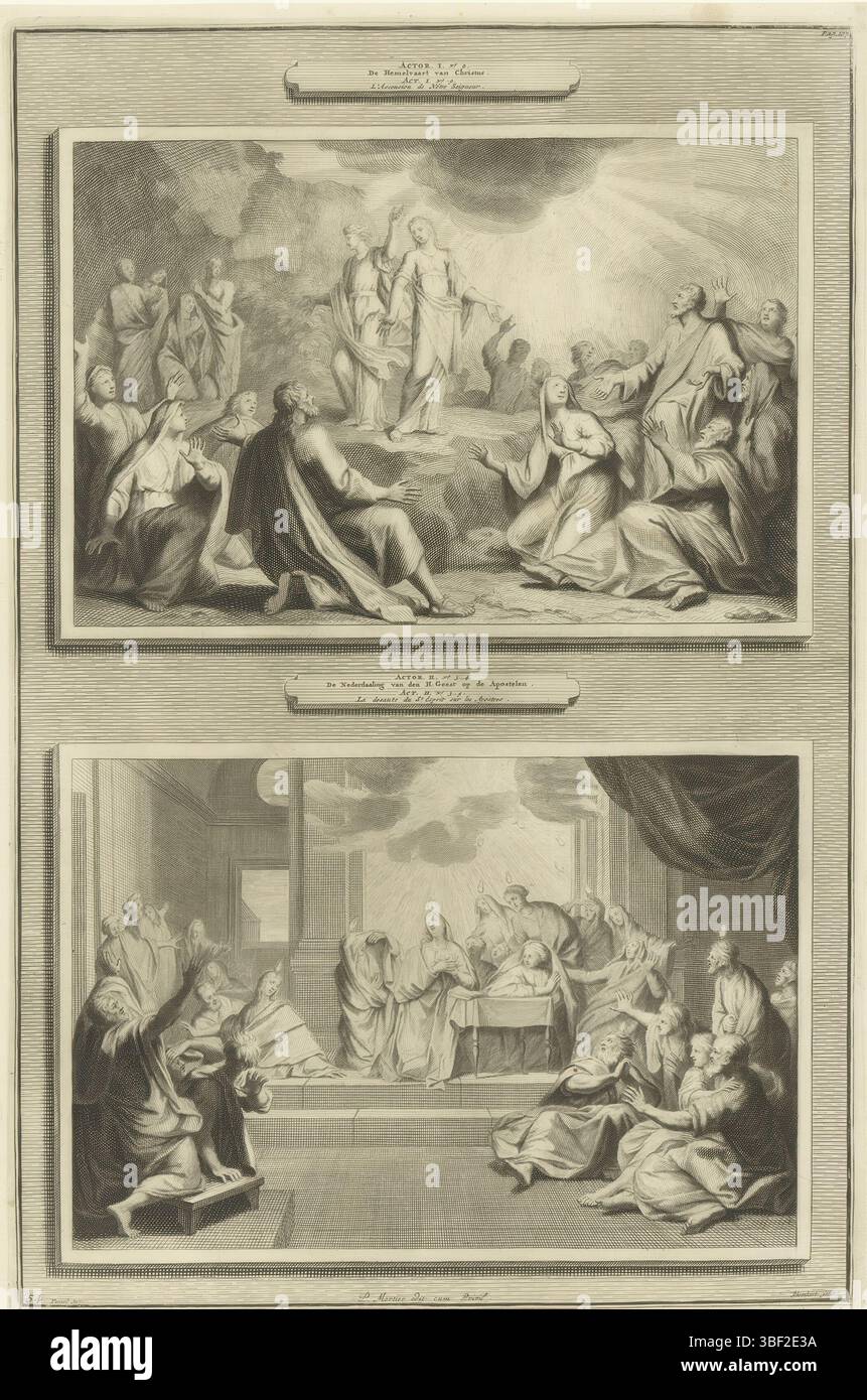 Mortier, Pieter (i), Reinhard, Andreas (i), Ascensione e efflusso dello Spirito Santo, stampa, altezza 363 mm, larghezza 239 mm, tedesco, 1676 - 1742-03-07, stampatore, 1700 - 1700, carta, incisione, pubblicazione (evento), pubblicazione, francese, 1661 - 1711, editore Foto Stock