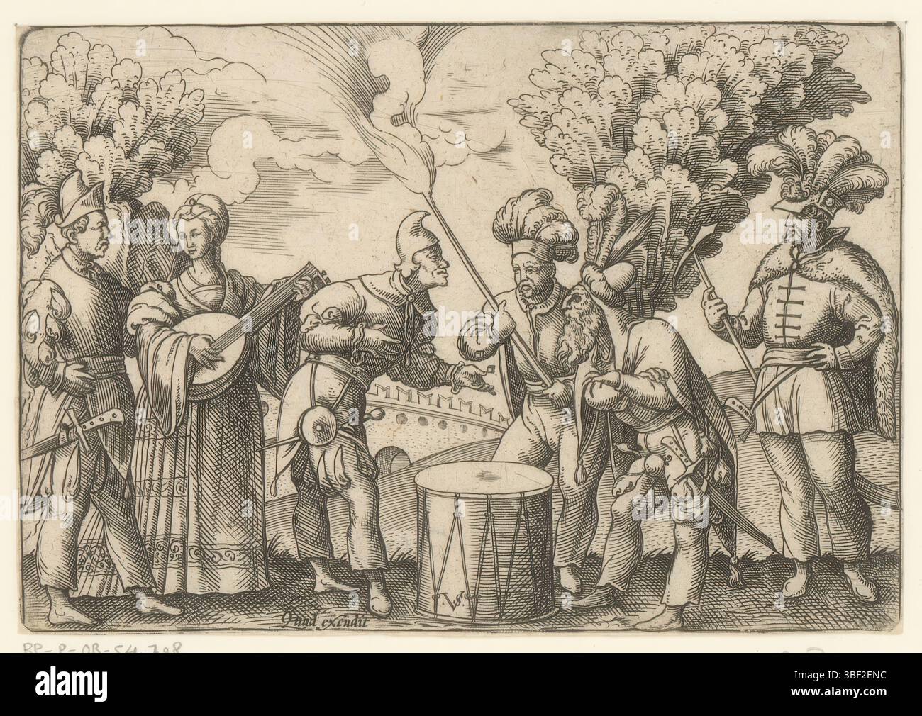 Quad, Norimberga, Solis, Virgil, sei figure intorno a un tamburo, possibile Fast Evening, verso - scritto a mano in inchiostro marrone, stampa, verso - stampato, 104, altezza 105 mm, larghezza 153 mm, tedesco, 1514 - 1562-08-01, stampatrice, 1524 - 1562, carta, incisione, incisione (processo di stampa), incisione, tono piatto, pubblicazione (evento), pubblicazione, editore Foto Stock