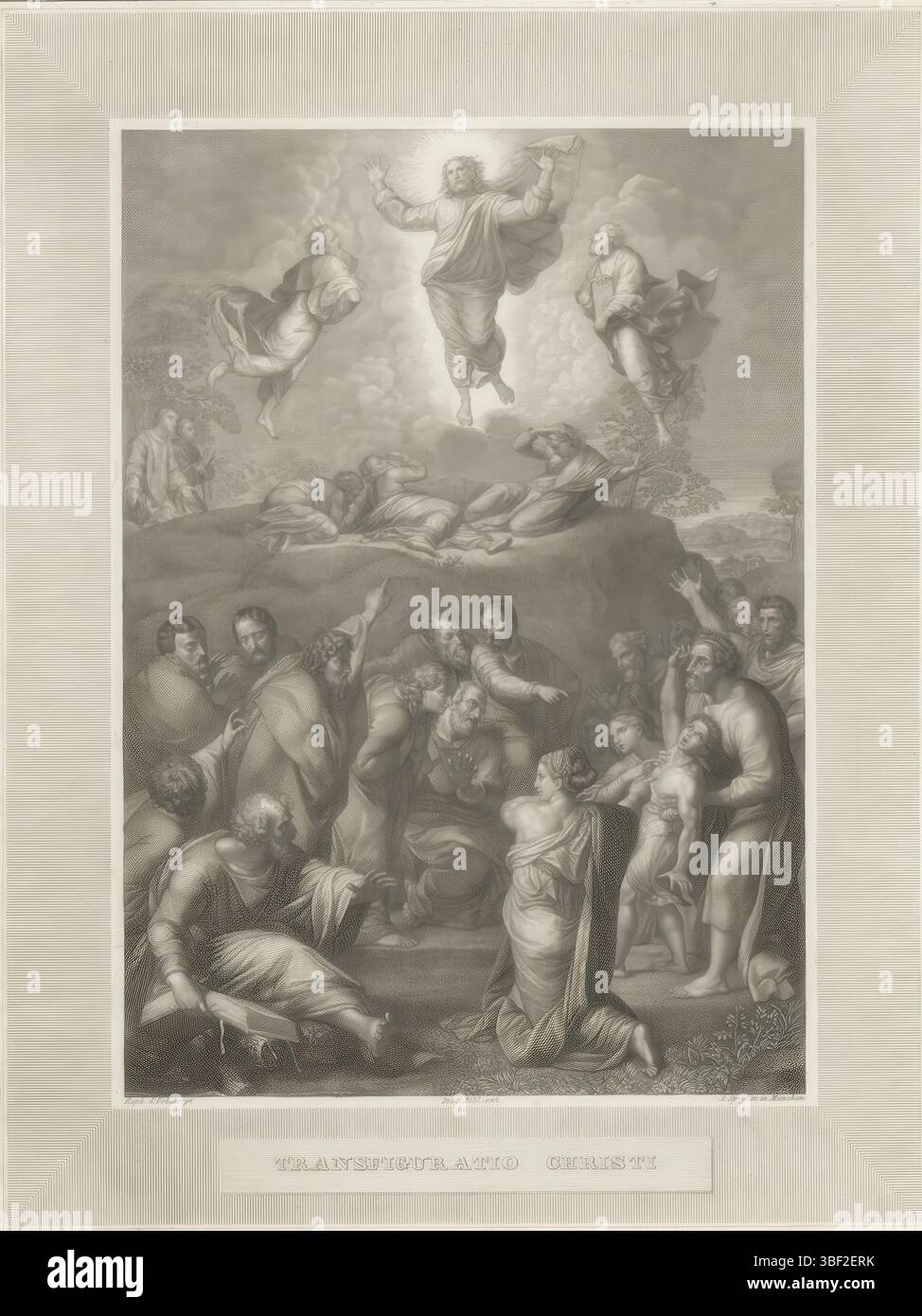 Bibliographisches Institut, Roma, München, Spieß, Raphaël, August Friedrich, Trasfigurazione Christi, Trasfigurazione, verso - timbrato, stampa, altezza 296 mm, larghezza 225 mm, tedesco, 1806-03-08 - 1855-07-10, stampatore, 1816 - 1855, carta, incisione stelo, incisione acciaio, 1483-04-07 - 1520-04-07, dopo, per pittura, pubblicazione (evento), pubblicazione, editore Foto Stock
