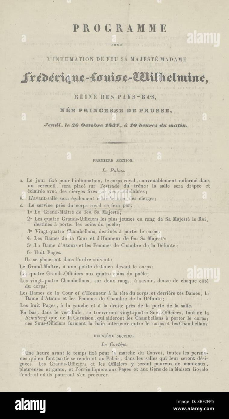 L'Aia, Schinkel, A.D., Program pour l'inhumation de feu sa majesté madame Frédérique-Louise-Wilhelmine Jeudi, le 26 ottobre 1837, à 10 heures du matin, l'Aia, verso - timbrato, programma del funerale della regina Wilhelmina van Prussen il 26 ottobre 1837. Foglio doppio piegato stampato su tutti i lati con il programma del funerale., programma, foglio di testo, stampe, lastre storia Frederik Muller, altezza 340 mm, larghezza 210 mm, stampante, 1837-10-24 - 1837-10-25, carta, stampa di carta intestata, stampa di libri Foto Stock