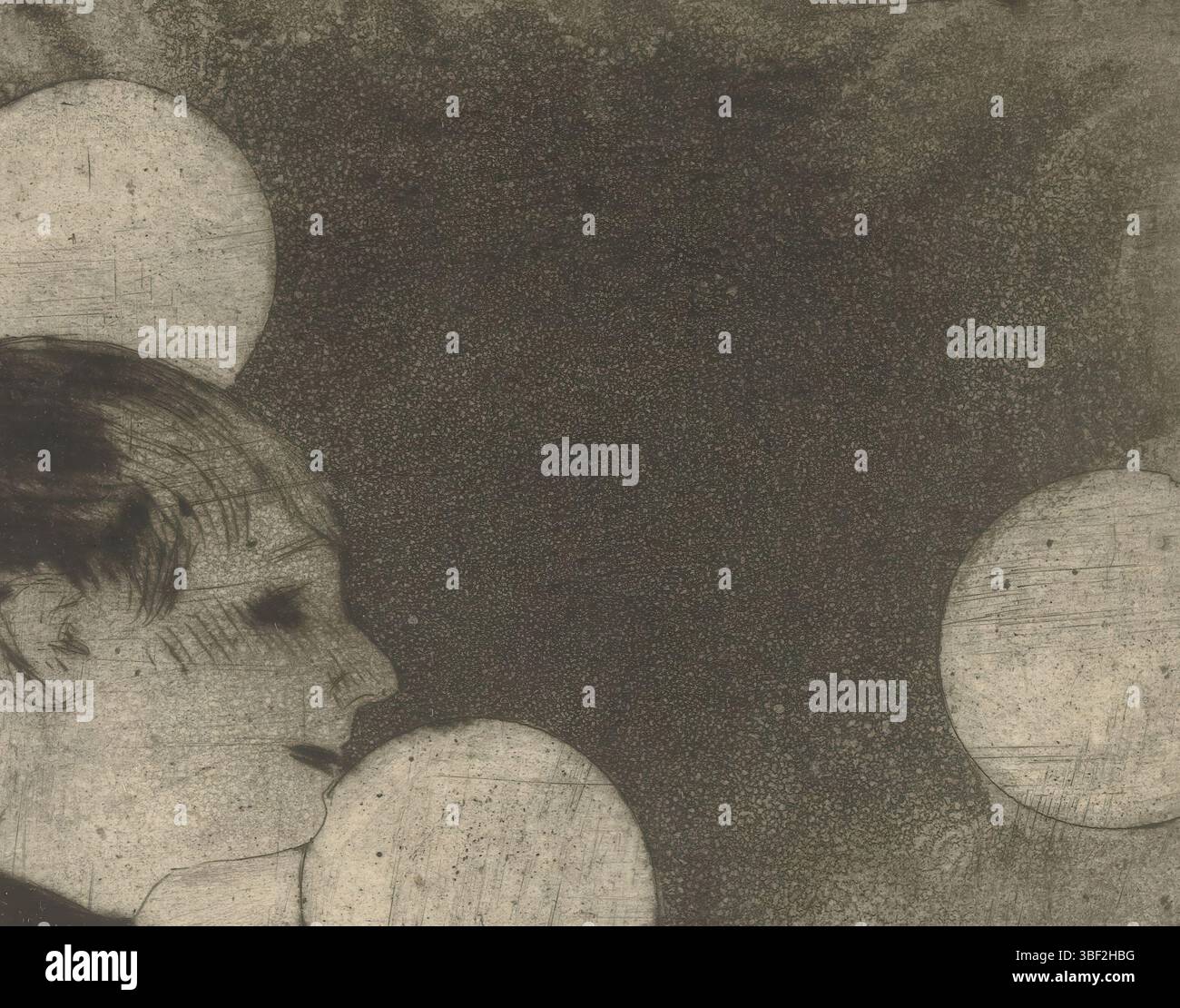 Degas, Edgar, Degas, Profil de Chanteuse, Singer e profil a quattro lampade a gas in ambienti bui, verso il centro - timbrato, testa di una cantante e profilo in un ambiente buio mentre il suo volto è illuminato dalla luce dal palco sotto di lei. Sullo sfondo al buio ci sono quattro lampadine delle lampade a gas sulla strada. La testa della donna è tagliata a sinistra dal bordo della performance., stampa, vero fondo sinistro - timbrato, vero centro - timbrato, altezza 68 mm, larghezza 86 mm, altezza 155 mm, larghezza 238 mm, francese, 1834-07-19 - 1917-09-27, stampatore, 1877 - 1878, quarto quarto trimestre del XIX secolo, carta, asciutta ne Foto Stock