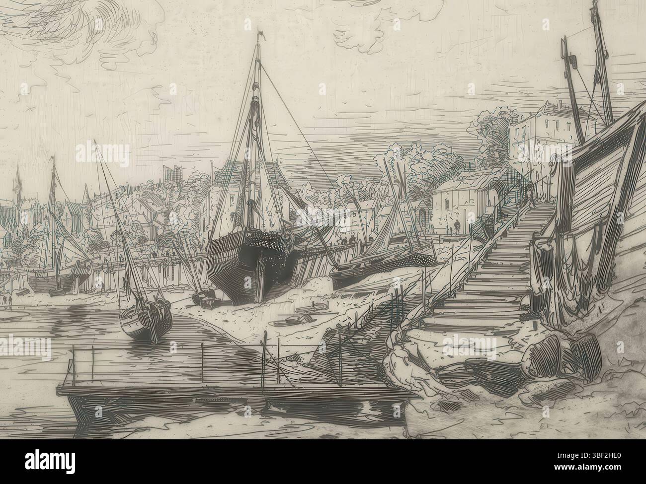 Parigi, Cadart, Alfred, Lalanne, Maxime Francesco Antoine, Francia, à Concarneau, View on Concarneau, Paris, verso - timbrato, angolo numerato destro: 244., stampa, altezza 186 mm, larghezza 238 mm, 1827-11-27 - 1886-07-29, macchina di stampa, 1874 - 1874, carta, incisione, punto di asciugatura, ago secco, tono piatto, acquatina, roulette, concepimento del lavoro, secondo il proprio progetto, pubblicazione (evento), pubblicazione, francese, 1828 - 1875, editore Foto Stock