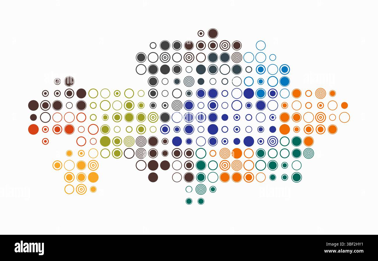 Kazakistan, forma del paese costruzione di cellule colorate. Mappa digitale del Kazakistan su sfondo bianco. Blocchi circolari di grandi dimensioni. Illustrazione Vettoriale