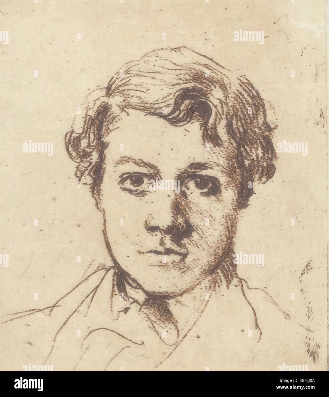 Degas, Edgar, Degas, Frère de l'artiste René De gas, Ritratto del fratello dell'artista René Degas, verso al centro - timbrato, Ritratto con la testa di René Degas e il volto. L'artista ha sperimentato un terreno di incisione morbido attraverso il quale ha ottenuto l'effetto di uno schizzo a matita., stampa, verso medio - stampato, altezza 86 mm, larghezza 72 mm, altezza 328 mm, larghezza 238 mm, francese, 1834-07-19 - 1917-09-27, stampatore, 1861 - 1862, terzo quarto del XIX secolo, carta, vernice mou, stampa a colori, ideazione di lavori, secondo il suo progetto Foto Stock