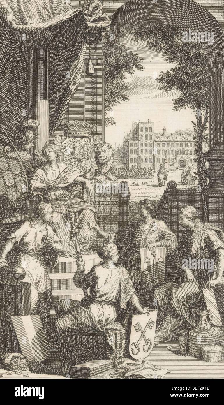 Amsterdam, Tirion, Isaak, Philips, Jan Caspar, Jan Caspar Homepage: Thomas Salmon, storia contemporanea, o stato attuale di tutti i popoli, parte XIV, 1742, Home Page per: Thomas Salmon e Jan Wagenaar, stato attuale del Vereenigde Nederlanden, quarta parte, allegorie op de provincie Holland, Amsterdam, verso - timbrato, partenza con la Vergine olandese su un trono, in conversazione con un cavaliere. Dietro di loro, lo stemma della provincia. Sono accompagnati dalle città vergini di Dordrecht, Haarlem, Delft e Leiden. Sullo sfondo un volto sul Binnenhof a l'Aia. Nel margine un sei-li Foto Stock