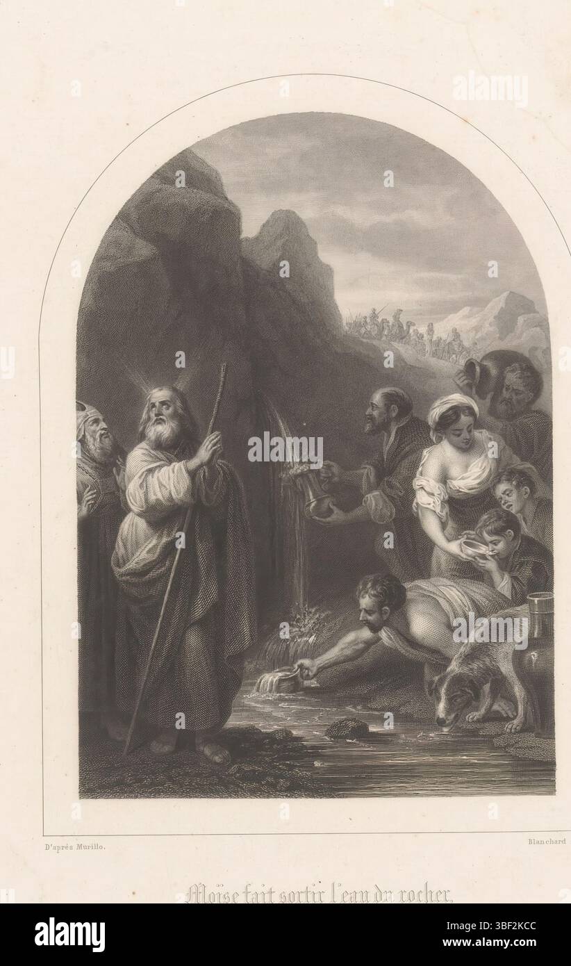 Parigi, Furne, Francia, Chardon ainé & Aze., Spagna, Murillo, Bartolomé Esteban, Blanchard, Auguste Thomas Marie, Moses fait sortir l'eau du rocher., Moses batte l'acqua dalla roccia, Parigi, stampato verso, stampa, altezza 241 mm, larghezza 164 mm, 1819 - 1898-05-23, macchina di stampa, 1829 - 1898, carta, incisione, etsen, Work Conception, spagnolo, 1618-01-01 - 1682-04-03, secondo design, francese, tipografo, editore, pubblicazione (evento), pubblicazione, editore Foto Stock