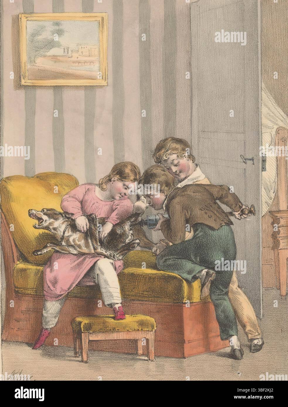Parigi, Delpech, veuve (Naudet), Parigi, Aubry, Charles, Les Jeux de l'Enfance, giochi per bambini e catarsi, le Remède, tre bambini danno una siringa a un cane, verso - scritto a mano, stampa, verso - timbrato, L.A. de Vries, v. Stockum, 24 novembre 1964 n. 172 (81 pz.) f 520, -, altezza 383 mm, larghezza 267 mm, francese, stampatrice, 1824 - 1824, carta, alcitografia, colori delle mani, stampante Foto Stock
