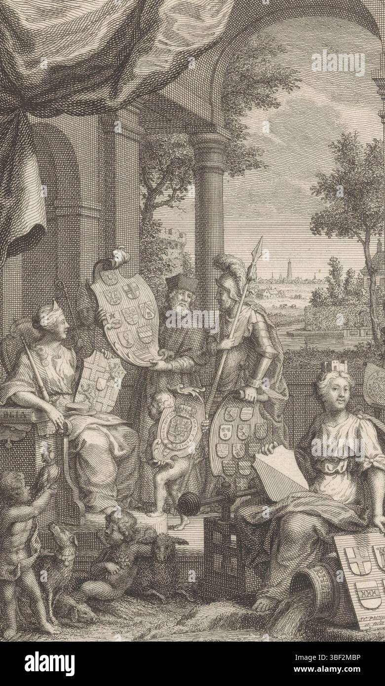 Amsterdam, Tirion, Isaak, Philips, Jan Caspar, Jan Caspar Homepage: Thomas Salmon, storia contemporanea, o stato attuale di tutti i popoli, XXI parte, 1758, Home Page per: Thomas Salmon e Jan Wagenaar, stato attuale del Vereenigde Nederlanden, Elfde volg, allegorie op de provincie Utrecht, Amsterdam, - timbrato, la personificazione della provincia di Utrecht è coronata con corona, scettro stemma associato, una Bibbia e sul suo cappello. Accanto a lei ci sono un vescovo, un sacerdote, un cavaliere e un putto con stemmi. A destra c'è la fanciulla di Utrecht con armi da Th Foto Stock