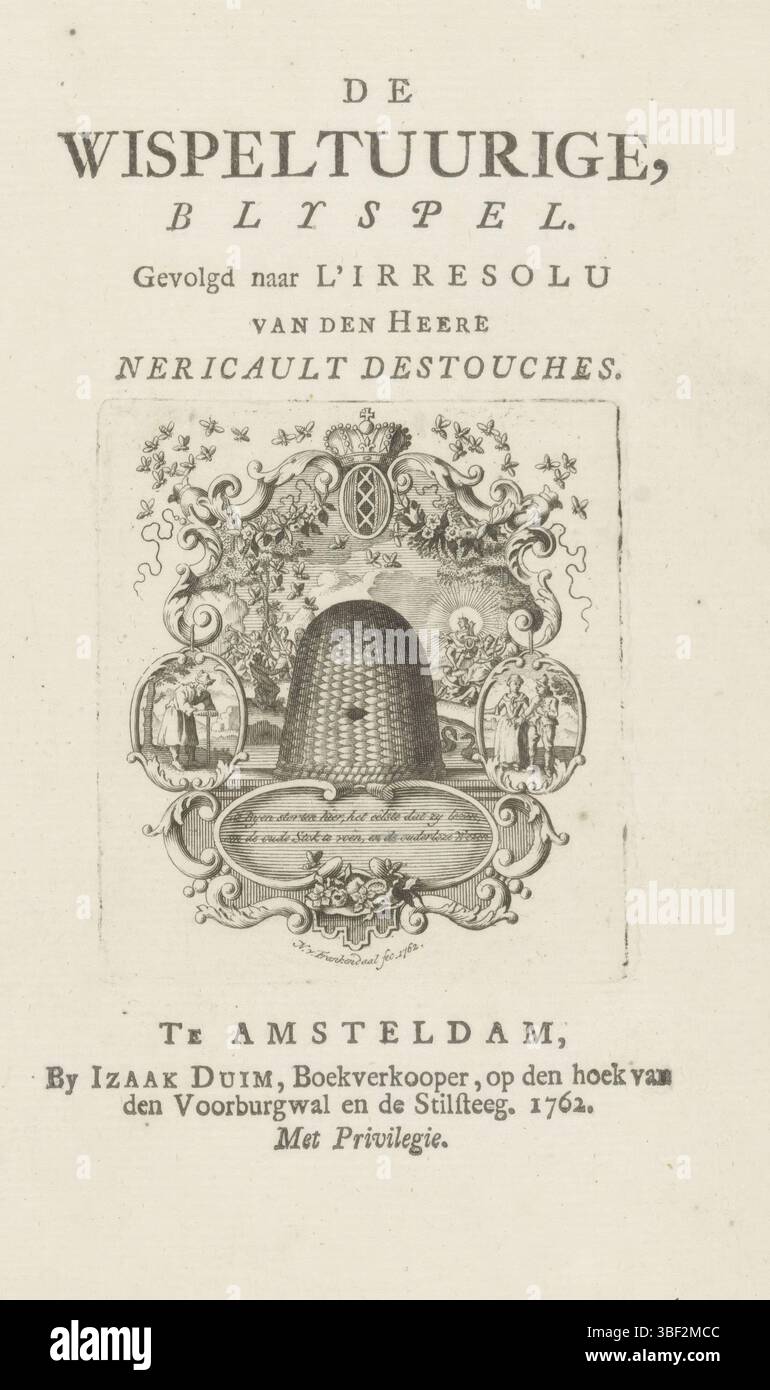 Homepage: Nericault Destouches, De fickle, blyspel, 1762, Cartouche con alveare, Amsterdam, timbrato verso, Un cartiglio decorato con foglie di acanto, api e lo stemma di Amsterdam. Nel cartiglio un alveare e sullo sfondo Apollo e le muse. Accanto due cartigli con un vecchio e una giovane coppia. In fondo al motto le api, l'unica cosa che leggono per alimentare il vecchio bastone, e l'essere senza genitori. Stampa, frontespizio, stampe, altezza 73 mm, larghezza 65 mm, altezza 186 mm, larghezza 115 mm, 1720-09-15 - 1791-07-11, stampatore, 1762 - 1762, carta, incisione, incisione, e. Foto Stock