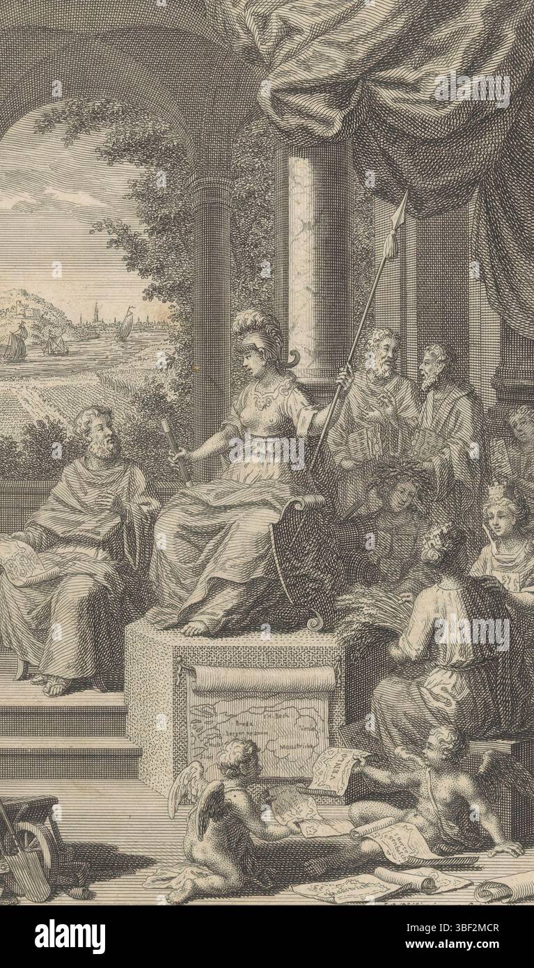 Amsterdam, Tirion, Isaak, Philips, Jan Caspar, Jan Caspar Homepage: Thomas Salmon, Contemporary history or present state of all people, XIII parte, 1740, Home Page for: Thomas Salmon and Jan Wagenaar, Present state of the Vereenigde Nederlanden, seconda parte, allegorie op de control van de Generaliteitlanden, Amsterdam, verso - timbrato, partenza con quattro donne che simboleggiano i paesi generalità e Minerva, in conversazione con un membro del Consiglio di Stato. Nei putti in primo piano con mappe delle aree. Sullo sfondo un volto su Maastricht. Nel margine una didascalia di sei righe in Dutc Foto Stock